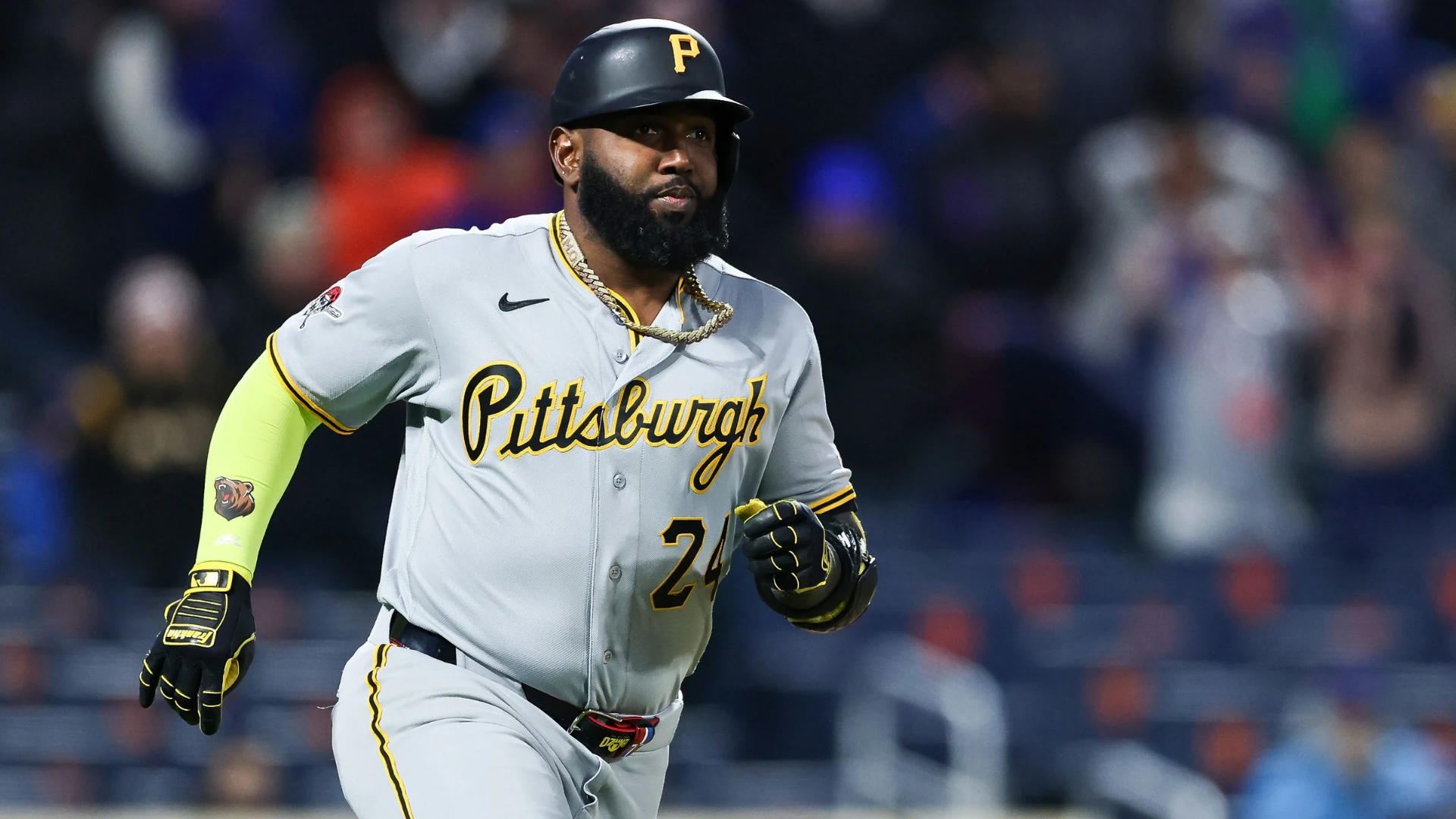 Marcell Ozuna #24 of the Pittsburgh Pirates runs during the game against the New York Mets at Citi Field on March 28, 2026 in the Queens borough of New York City. The New York Mets won 4-2.