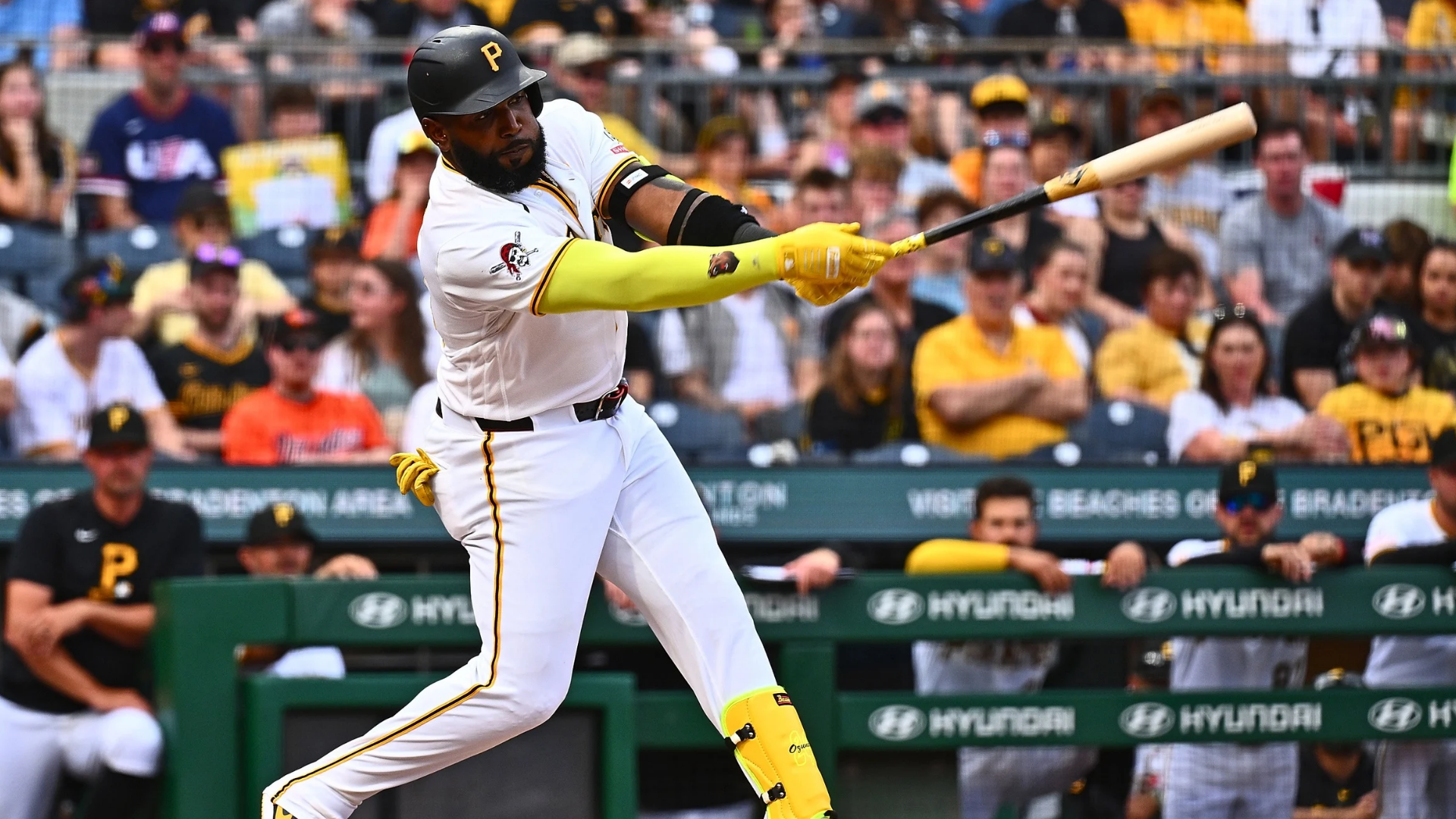 Marcell Ozuna #24 of the Pittsburgh Pirates strikes out swinging in the sixth inning during the game against the Baltimore Orioles at PNC Park on April 4, 2026 in Pittsburgh, Pennsylvania.