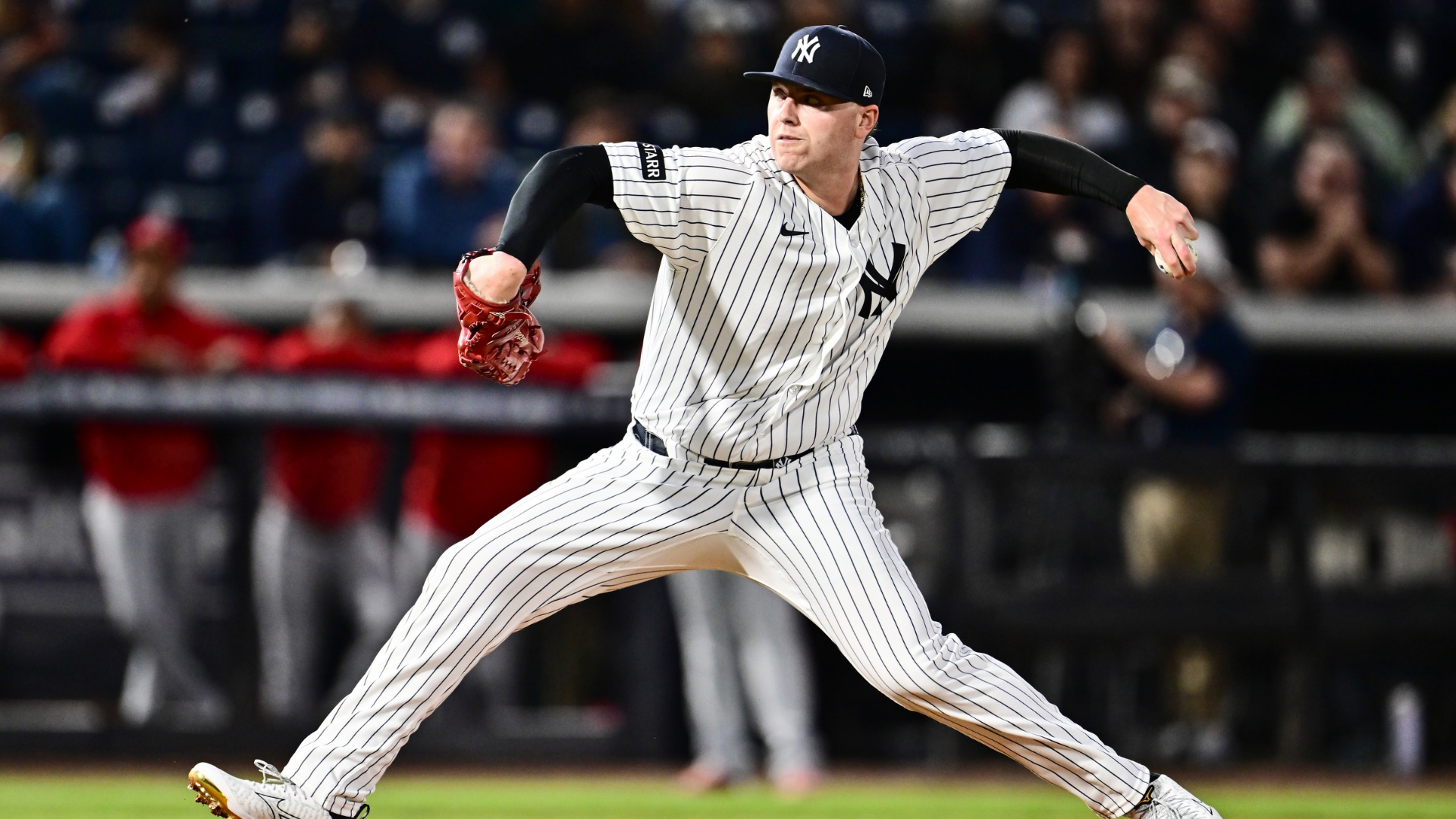 Ryan Weathers #40 of the New York Yankees pitches in the first inning against the Washington Nationals during a Grapefruit League spring training game at George M. Steinbrenner Field on February 25, 2026 in Tampa, Florida. (Photo by Julio Aguilar/Getty Images)