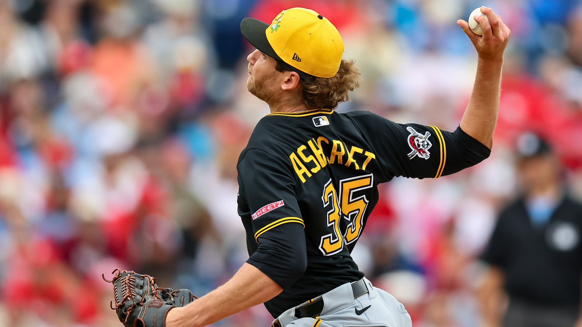 Braxton Ashcraft #35 of the Pittsburgh Pirates throws against the Philadelphia Phillies during the first inning of a spring training baseball game at BayCare Ballpark on February 22, 2026 in Clearwater, Florida. (Photo by Mike Carlson/Getty Images)