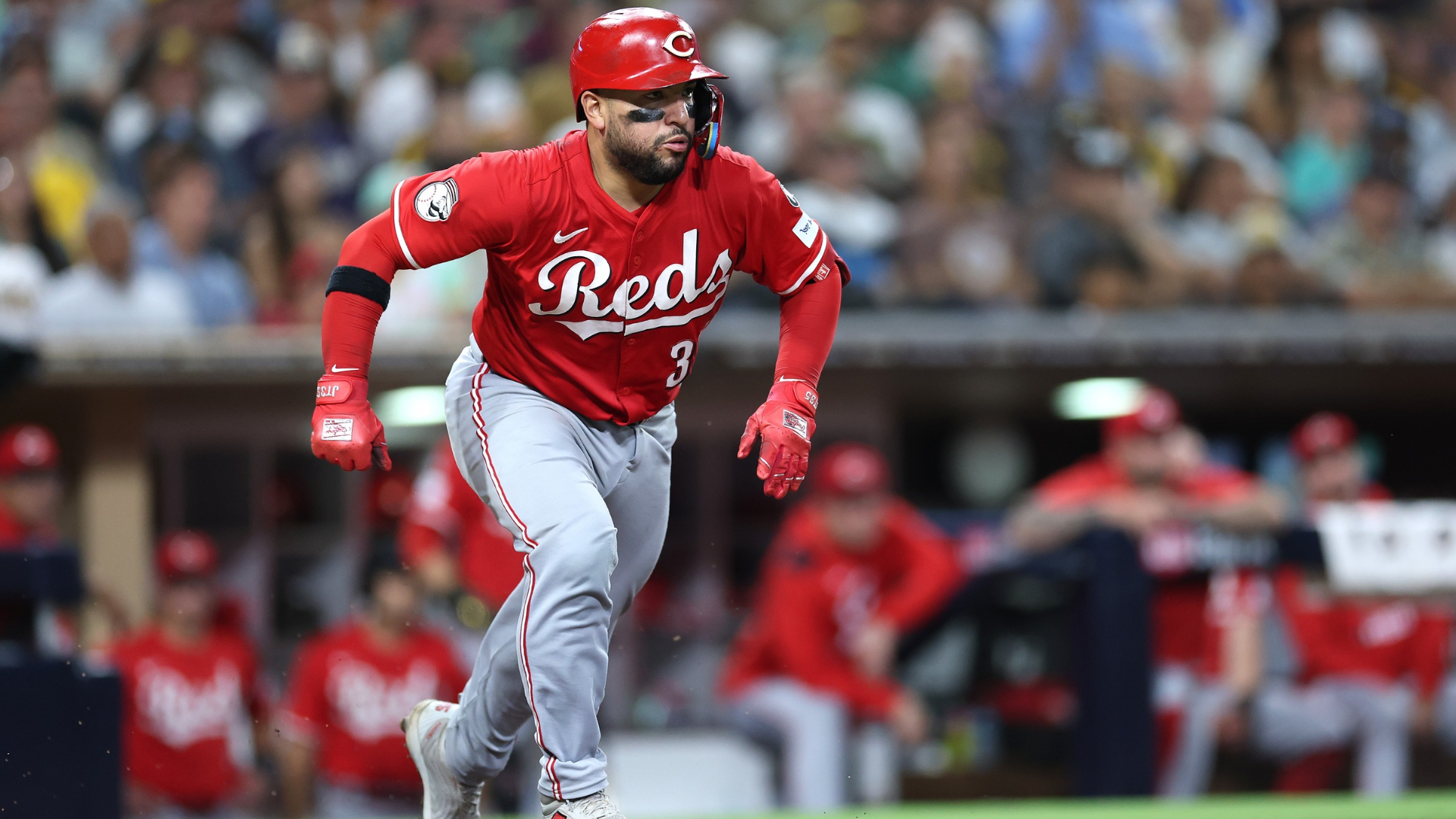 Jose Trevino #35 of the Cincinnati Reds runs to first base during a game against the San Diego Padres at Petco Park on September 08, 2025 in San Diego, California. (Photo by Sean M. Haffey/Getty Images)