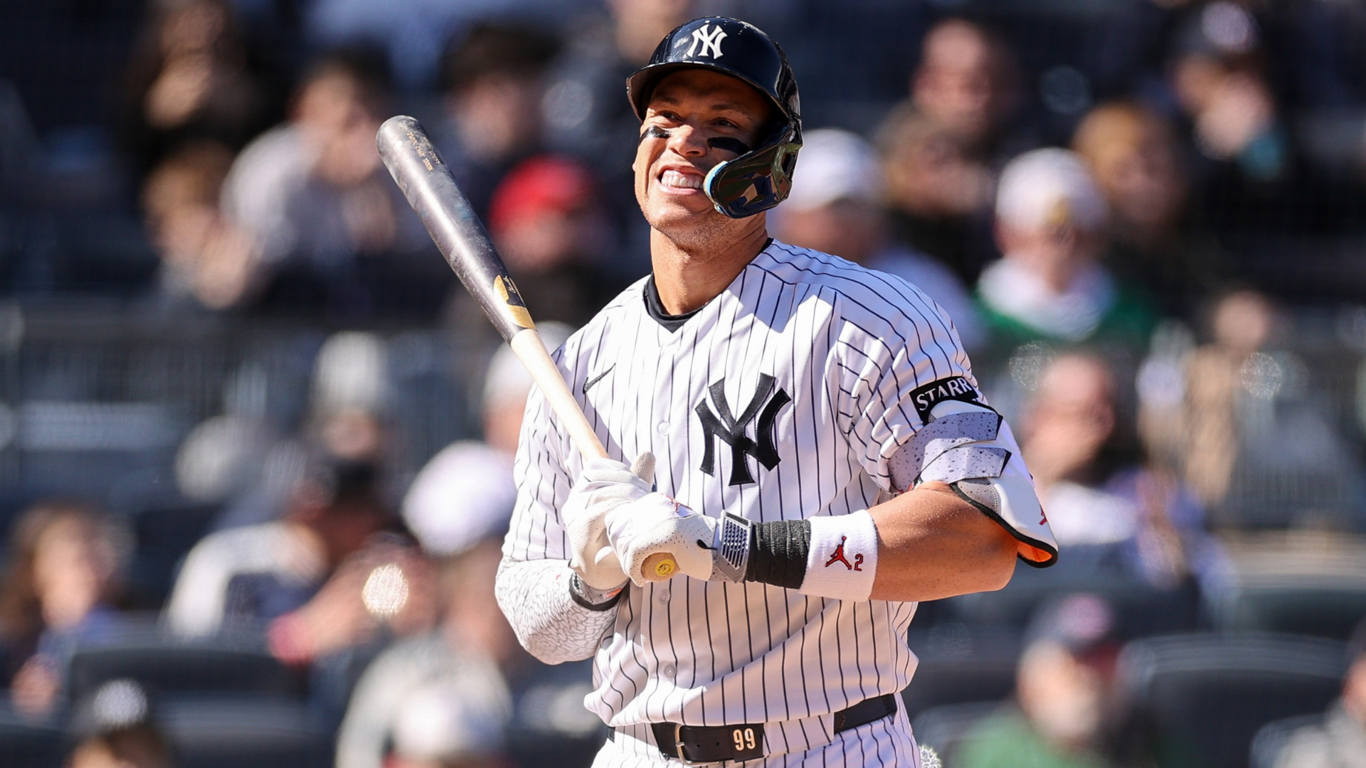 Aaron Judge #99 of the New York Yankees reacts at bat in the eighth inning against the Athletics at Yankee Stadium on April 09, 2026 in New York City. (Photo by Evan Bernstein/Getty Images)