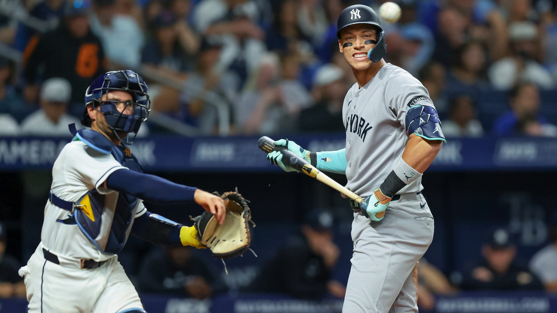 Aaron Judge #99 of the New York Yankees reacts to striking out as Nick Fortes #40 of the Tampa Bay Rays throws the ball during the fifth inning of a baseball game at Tropicana Field on April 10, 2026 in St. Petersburg, Florida. (Photo by Mike Carlson/Getty Images)