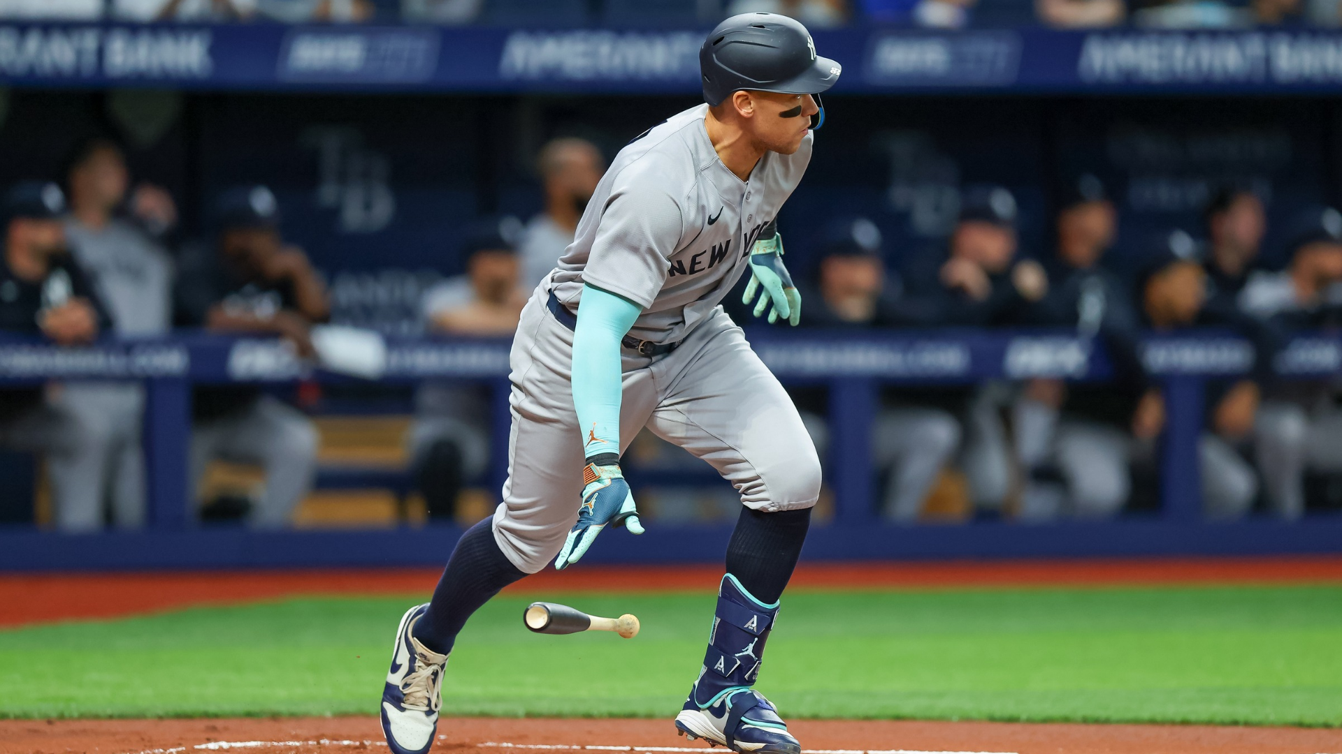 Aaron Judge #99 of the New York Yankees hits a single against the Tampa Bay Rays during the first inning of a baseball game at Tropicana Field on April 10, 2026 in St. Petersburg, Florida. (Photo by Mike Carlson/Getty Images)