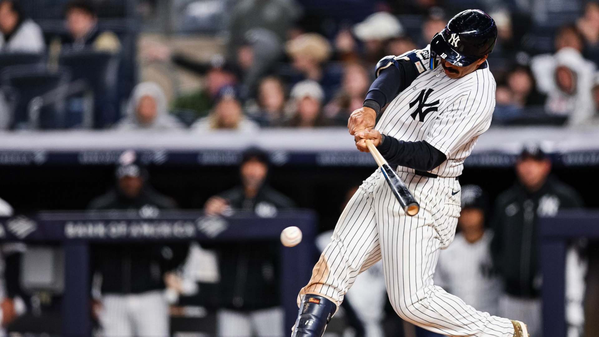 Trent Grisham #12 of the New York Yankees hits an RBI single against the Miami Marlins during the sixth inning at Yankee Stadium on April 04, 2026 in New York City. (Photo by Caean Couto/Getty Images)