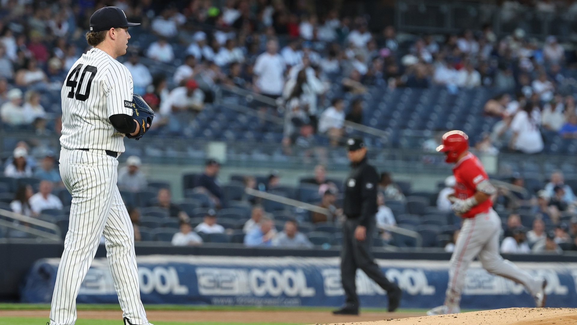 Jo Adell #7 of the Los Angeles Angels hits a first inning home run against Ryan Weathers #40 of the New York Yankees during their game at Yankee Stadium on April 14, 2026 in New York City. (Photo by Al Bello/Getty Images)