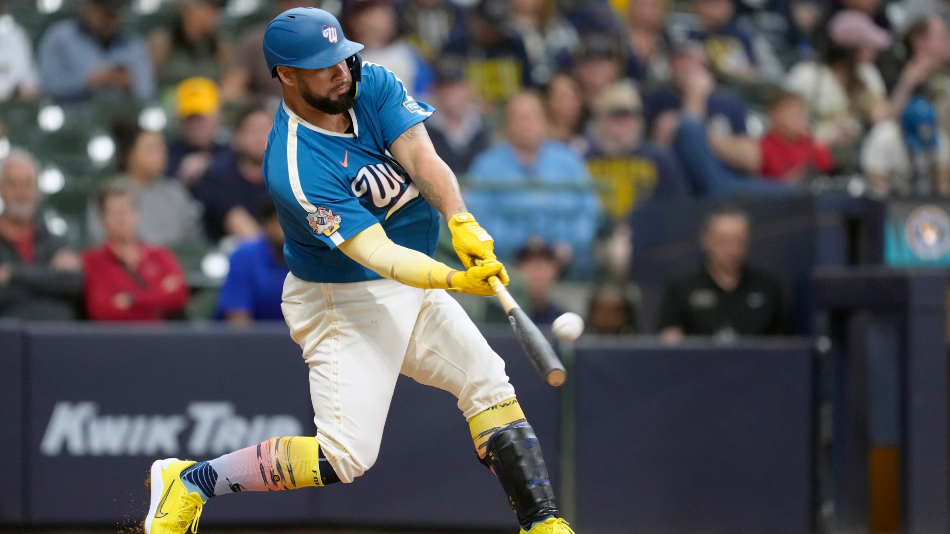 Gary Sánchez #99 of the Milwaukee Brewers hits a three run home run during the seventh inning against the Washington Nationals at American Family Field on April 12, 2026 in Milwaukee, Wisconsin. (Photo by Patrick McDermott/Getty Images)