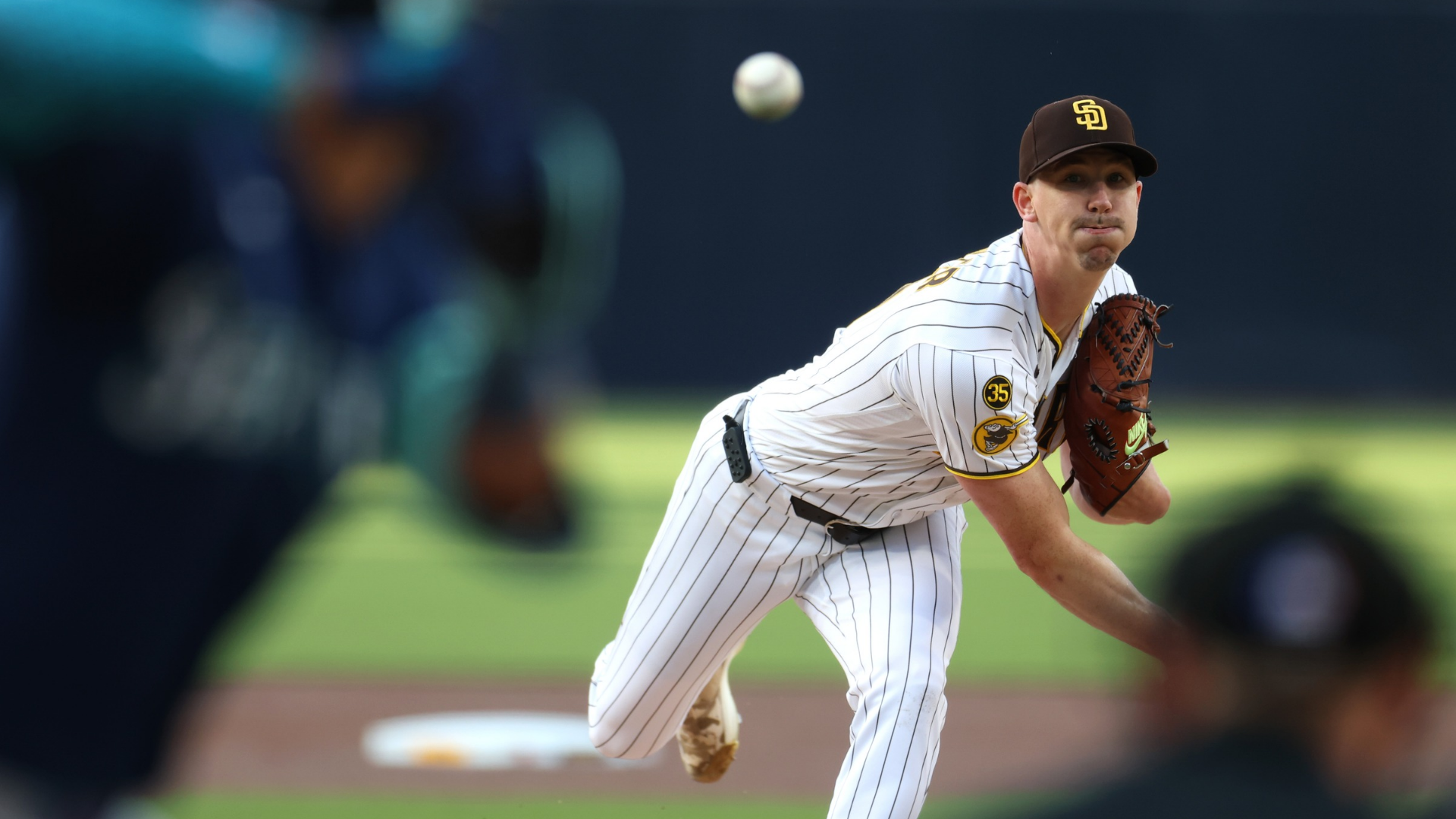 Walker Buehler #10 of the San Diego Padres throws a pitch in the first inning against the Seattle Mariners at Petco Park on April 16, 2026 in San Diego, California. (Photo by Sean M. Haffey/Getty Images)