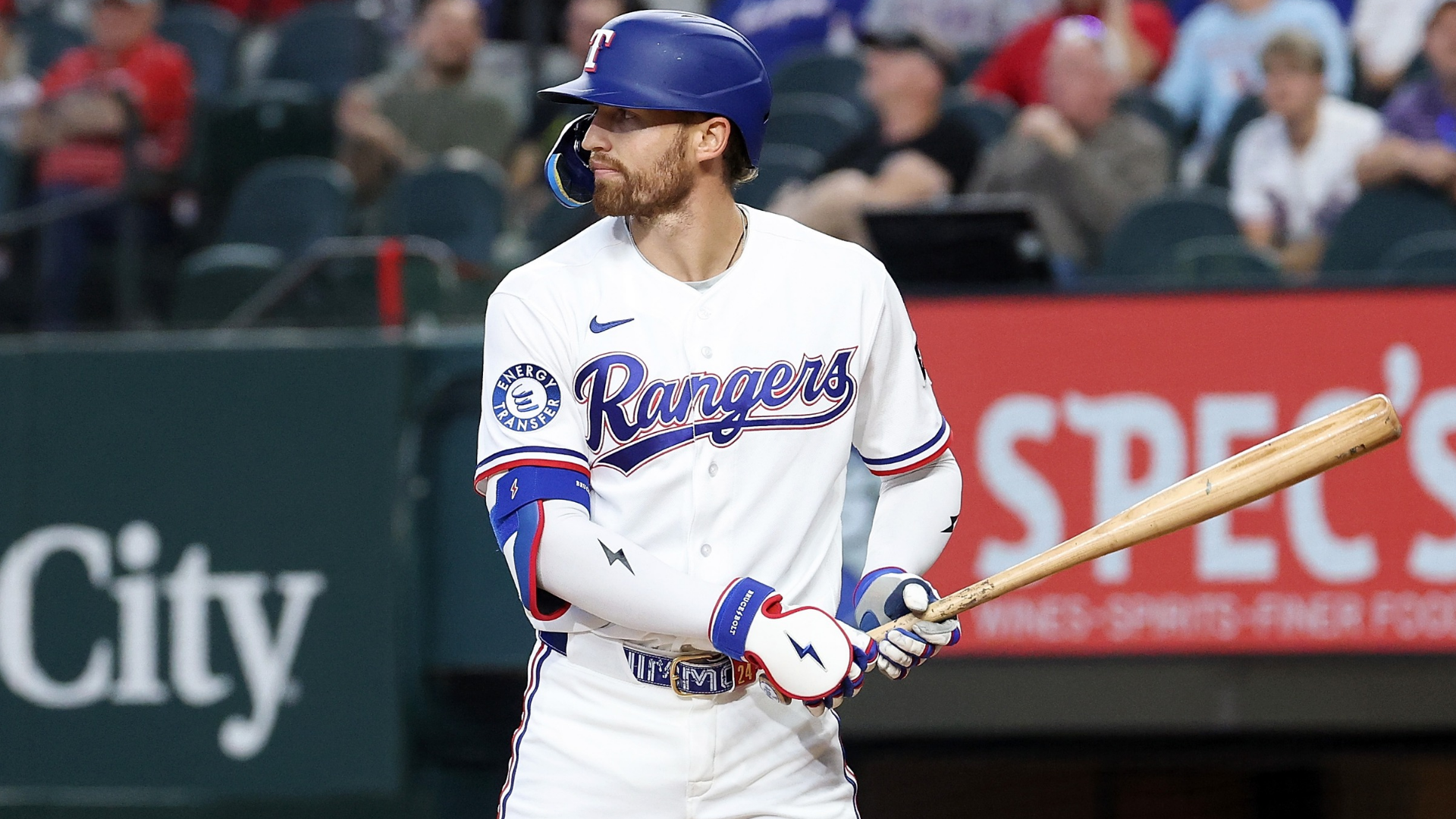 Brandon Nimmo #24 of the Texas Rangers \ab during the first inning against the Seattle Mariners at Globe Life Field on April 08, 2026 in Arlington, Texas. (Photo by Stacy Revere/Getty Images)