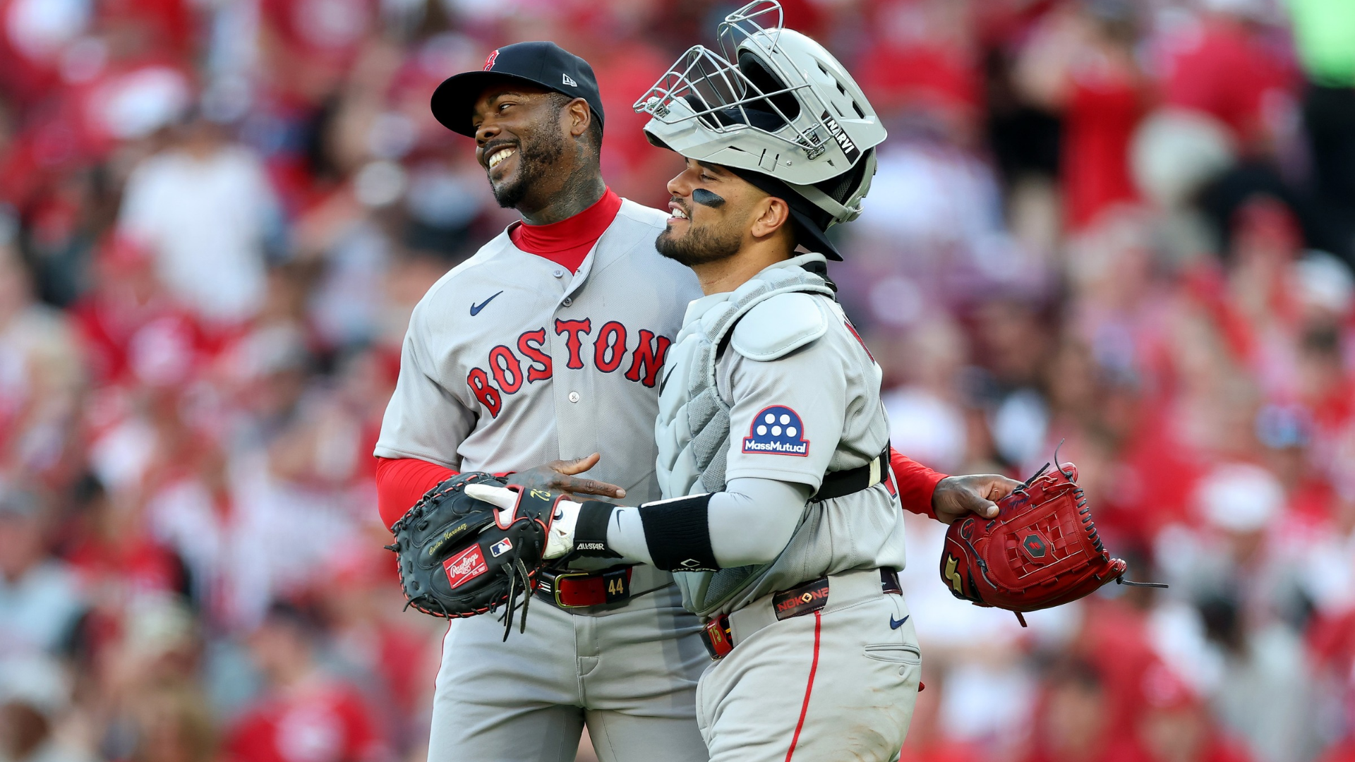 Aroldis Chapman #44 and Carlos Narvaez #75 of the Boston Red Sox share a hug after the final out of the 3-0 win over the Cincinnati Reds on Opening Day at Great American Ball Park on March 26, 2026 in Cincinnati, Ohio. (Photo by Andy Lyons/Getty Images)