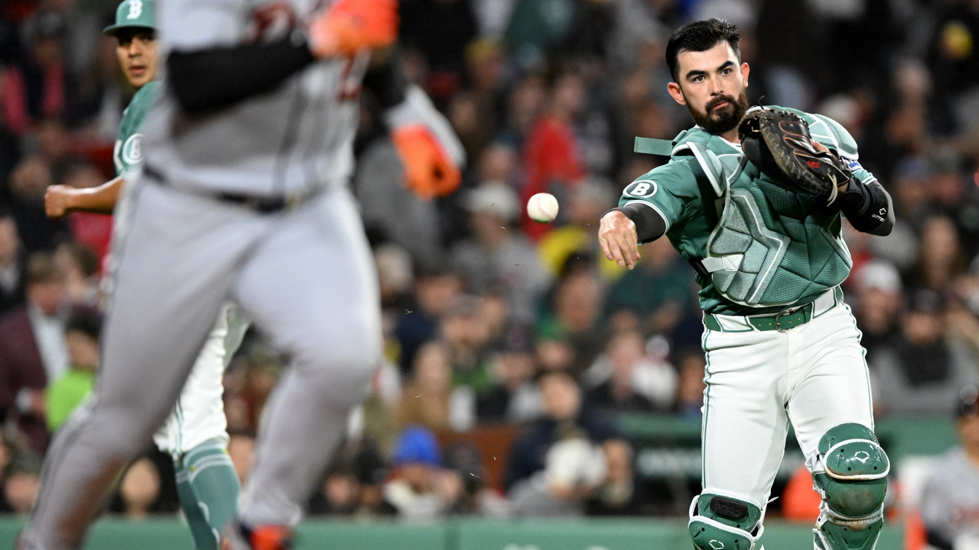 Connor Wong #12 of the Boston Red Sox throws to first base for an out on a hit by Gleyber Torres #25 of the Detroit Tigers during the sixth inning at Fenway Park on April 17, 2026 in Boston, Massachusetts. (Photo by Brian Fluharty/Getty Images)