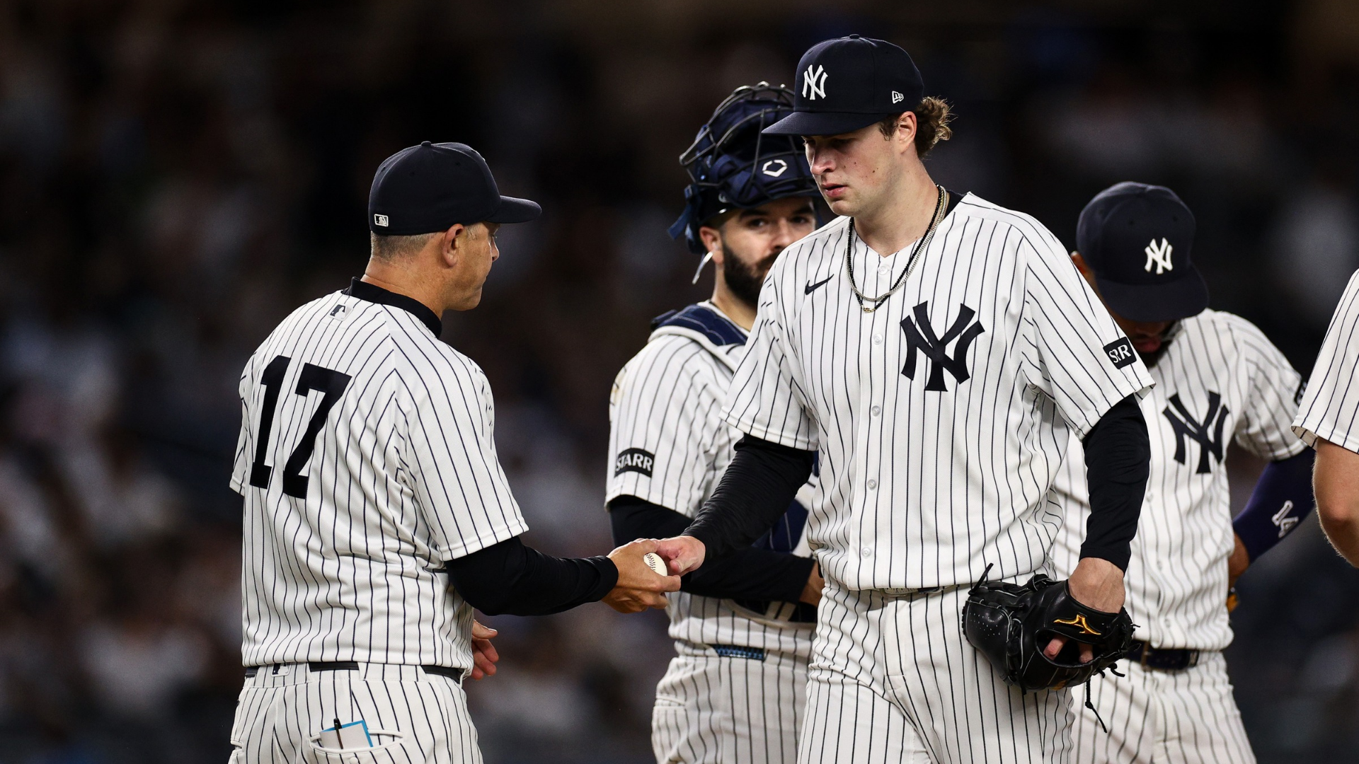 Cam Schlittler #31 of the New York Yankees is relieved in the seventh inning against the Kansas City Royals at Yankee Stadium on April 17, 2026 in New York City. (Photo by Evan Bernstein/Getty Images)