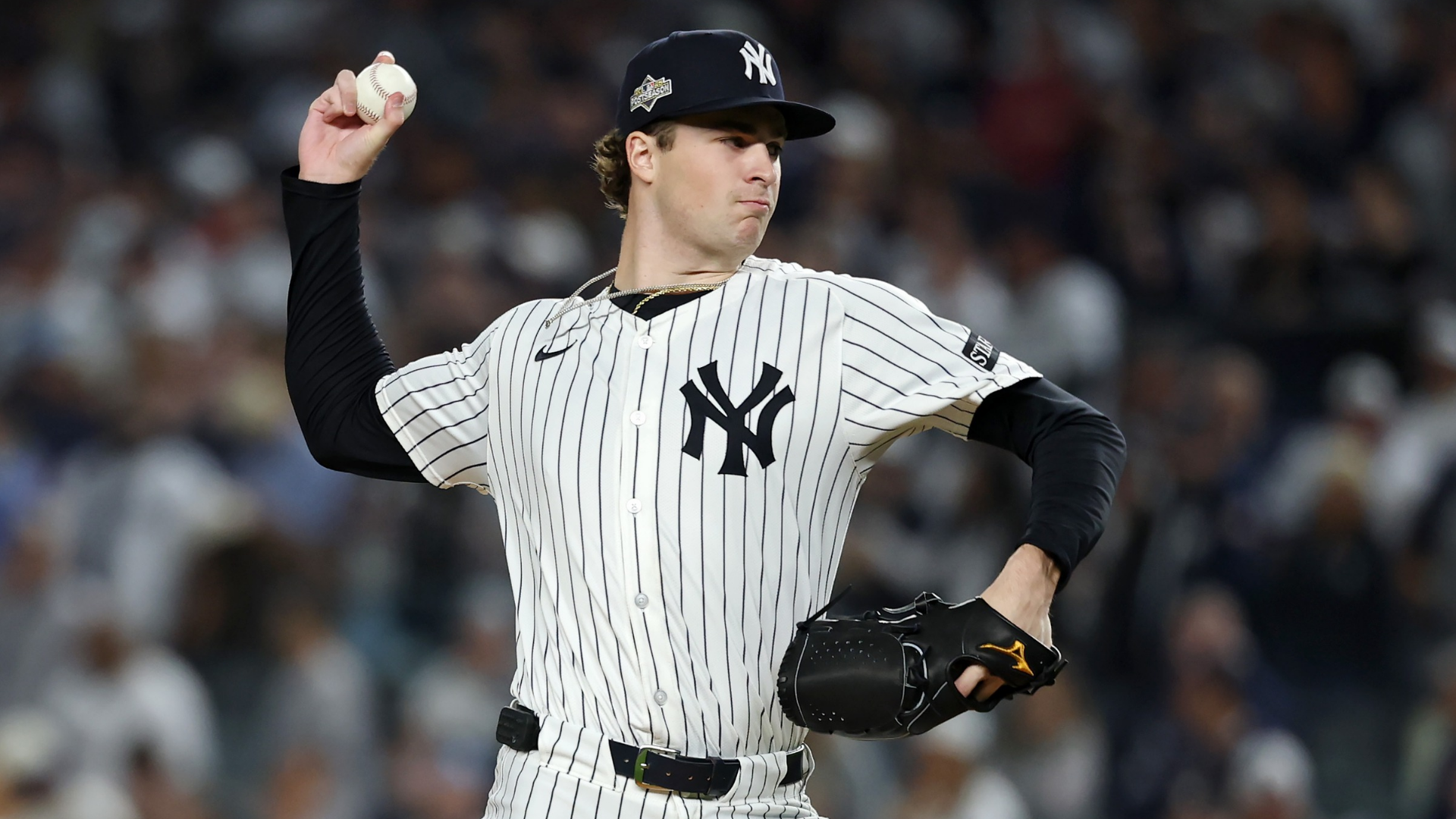 Cam Schlittler #31 of the New York Yankees pitches during the first inning against the Boston Red Sox in game three of the American League Wild Card Series at Yankee Stadium on October 02, 2025 in the Bronx borough of New York City. (Photo by Al Bello/Getty Images)