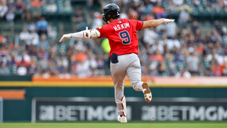 Ha-Seong Kim #9 of the Atlanta Braves rounds the bases after hitting home run against the Detroit Tigers during the fourth inning at Comerica Park on September 21, 2025 in Detroit, Michigan. (Photo by Duane Burleson/Getty Images)