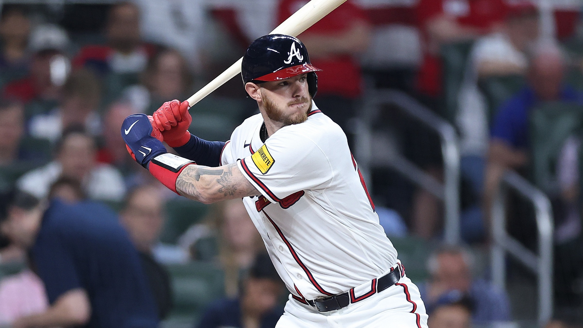 Jonah Heim #20 of the Atlanta Braves bats against the Kansas City Royals during the fourth inning of the home opener at Truist Park on March 27, 2026 in Atlanta, Georgia. (Photo by Kevin C. Cox/Getty Images)