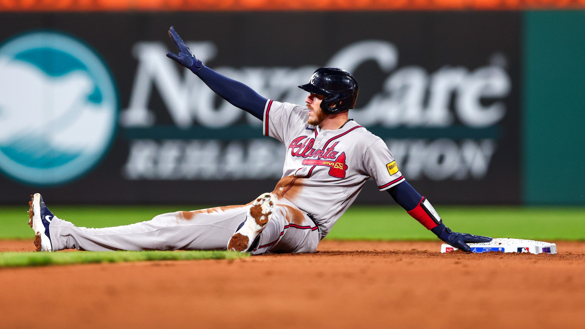 Jonah Heim #20 of the Atlanta Braves reacts after sliding safely into second after hitting a double against the Philadelphia Phillies in the sixth inning at Citizens Bank Park on April 18, 2026 in Philadelphia, Pennsylvania. (Photo by Heather Barry/Getty Images)