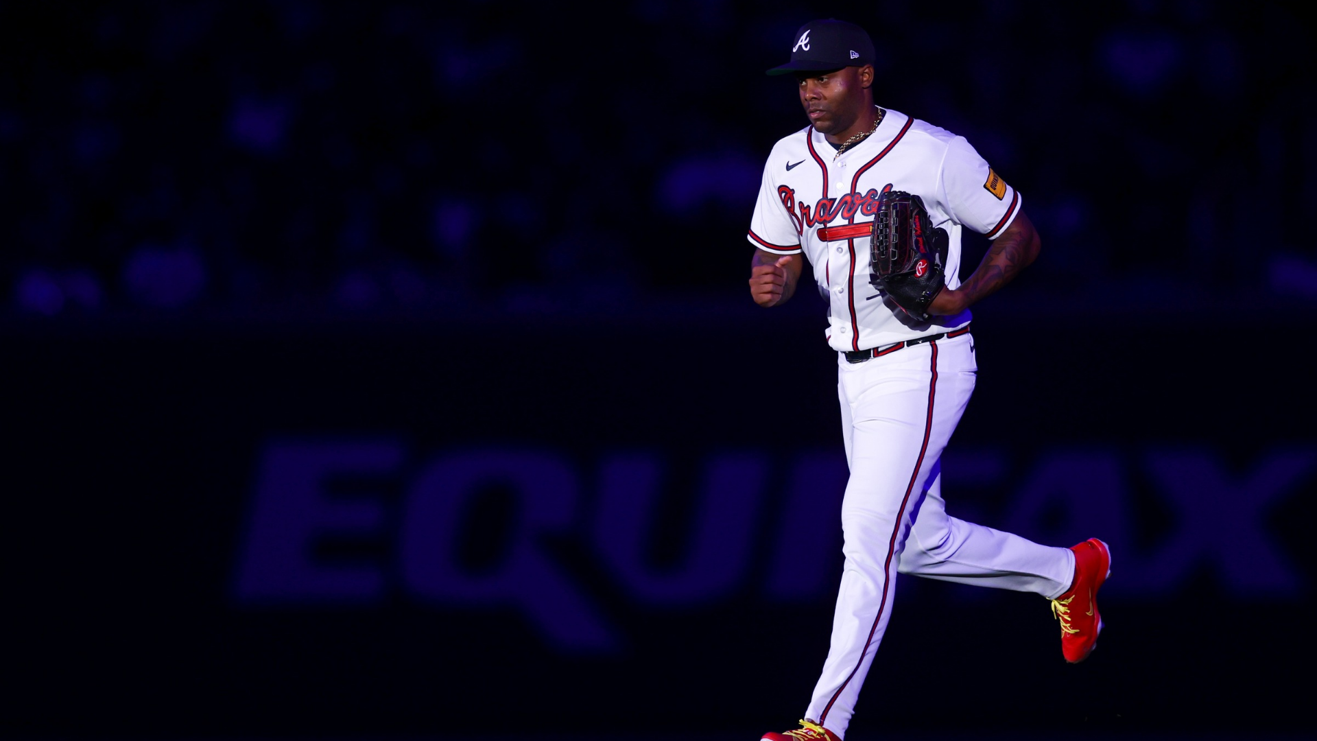 Raisel Iglesias #26 of the Atlanta Braves enters the game against the Miami Marlins in the ninth inning at Truist Park on April 15, 2026 in Atlanta, Georgia. All players are wearing the number 42 in honor of Jackie Robinson Day. (Photo by Brett Davis/Getty Images)