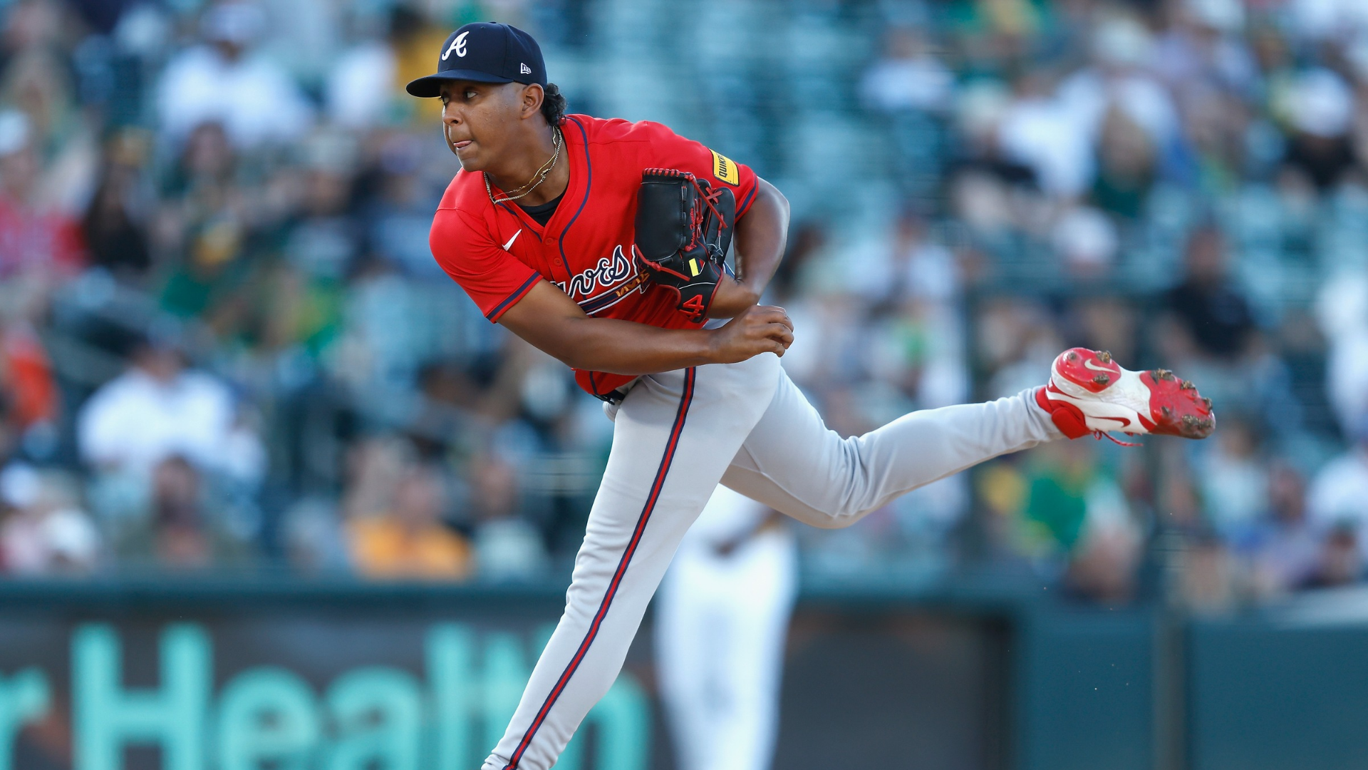 Didier Fuentes #75 of the Atlanta Braves pitches in the bottom of the first inning against the Athletics at Sutter Health Park on July 08, 2025 in Sacramento, California. (Photo by Lachlan Cunningham/Getty Images)