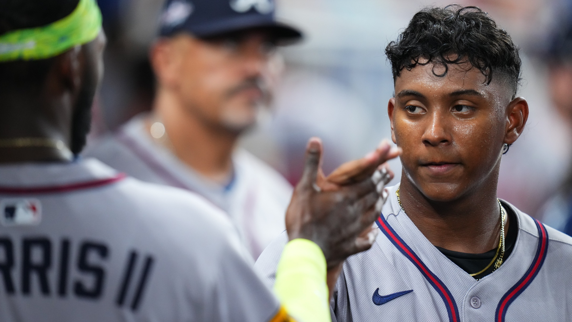 Didier Fuentes #75 celebrates with Michael Harris II #23 of the Atlanta Braves after his MLB debut against the Miami Marlins during the fifth inning at loanDepot park on June 20, 2025 in Miami, Florida. (Photo by Rich Storry/Getty Images)