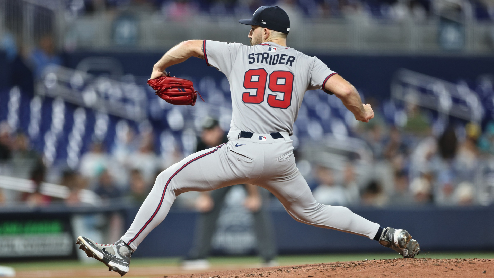 Spencer Strider #99 of the Atlanta Braves delivers during the second inning against the Miami Marlins at loanDepot park on August 25, 2025 in Miami, Florida. (Photo by Carmen Mandato/Getty Images)