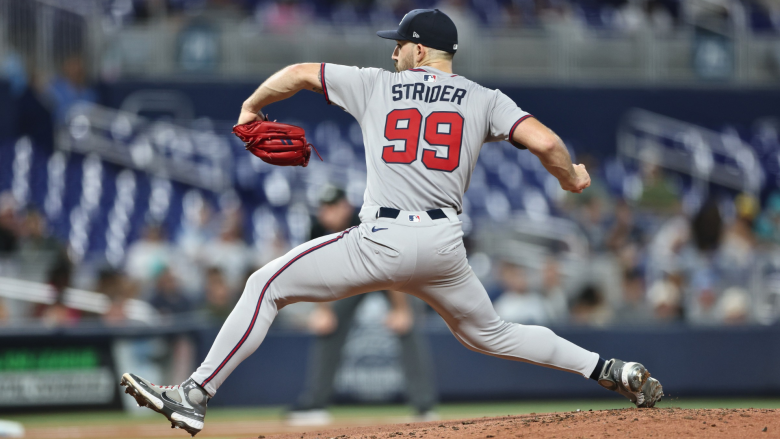 Spencer Strider #99 of the Atlanta Braves delivers during the second inning against the Miami Marlins at loanDepot park on August 25, 2025 in Miami, Florida. (Photo by Carmen Mandato/Getty Images)