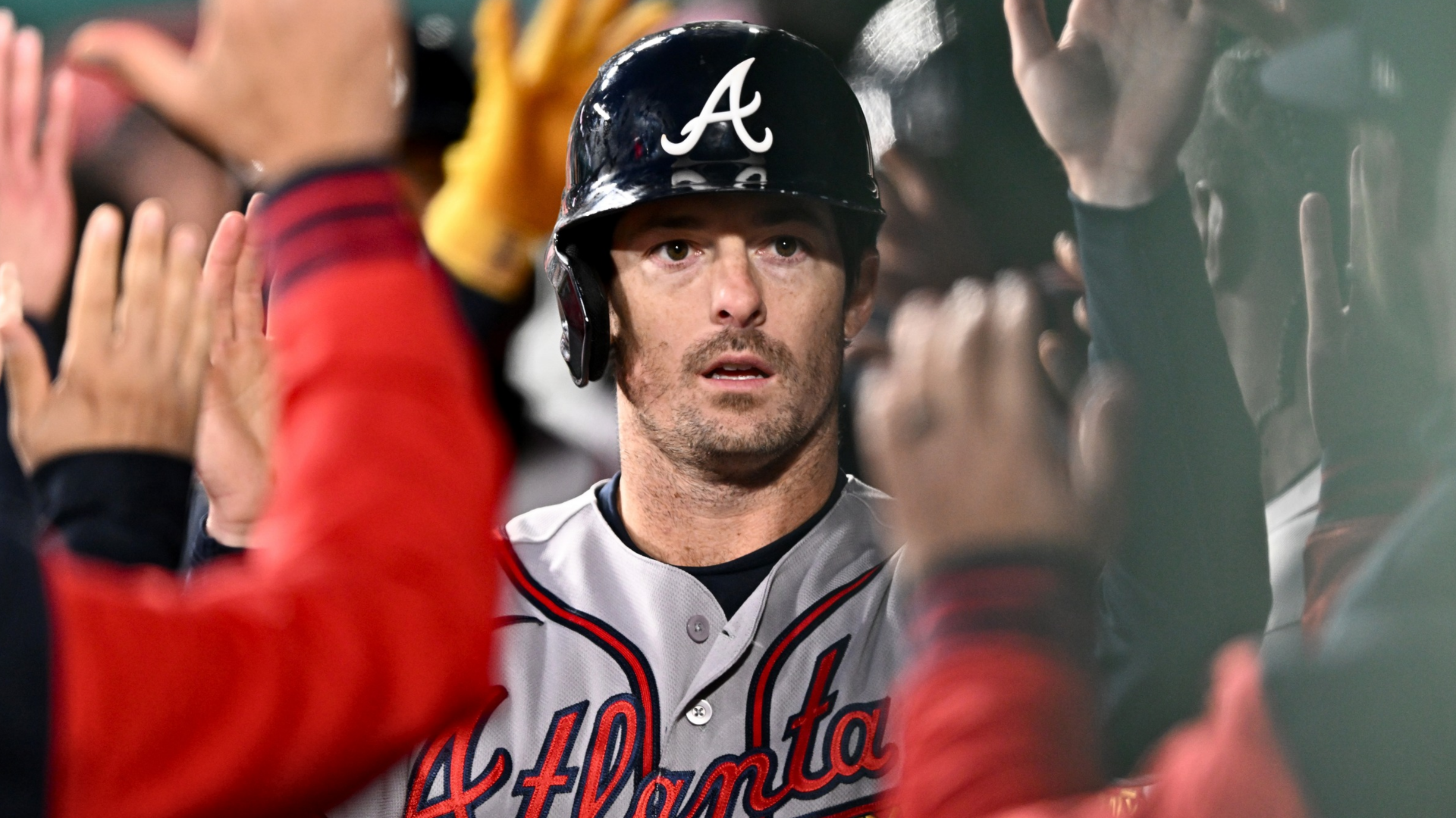 Mike Yastrzemski #18 of the Atlanta Braves celebrates with teammates after scoring in the sixth inning against the Washington Nationals at Nationals Park on April 20, 2026 in Washington, DC. (Photo by Greg Fiume/Getty Images)