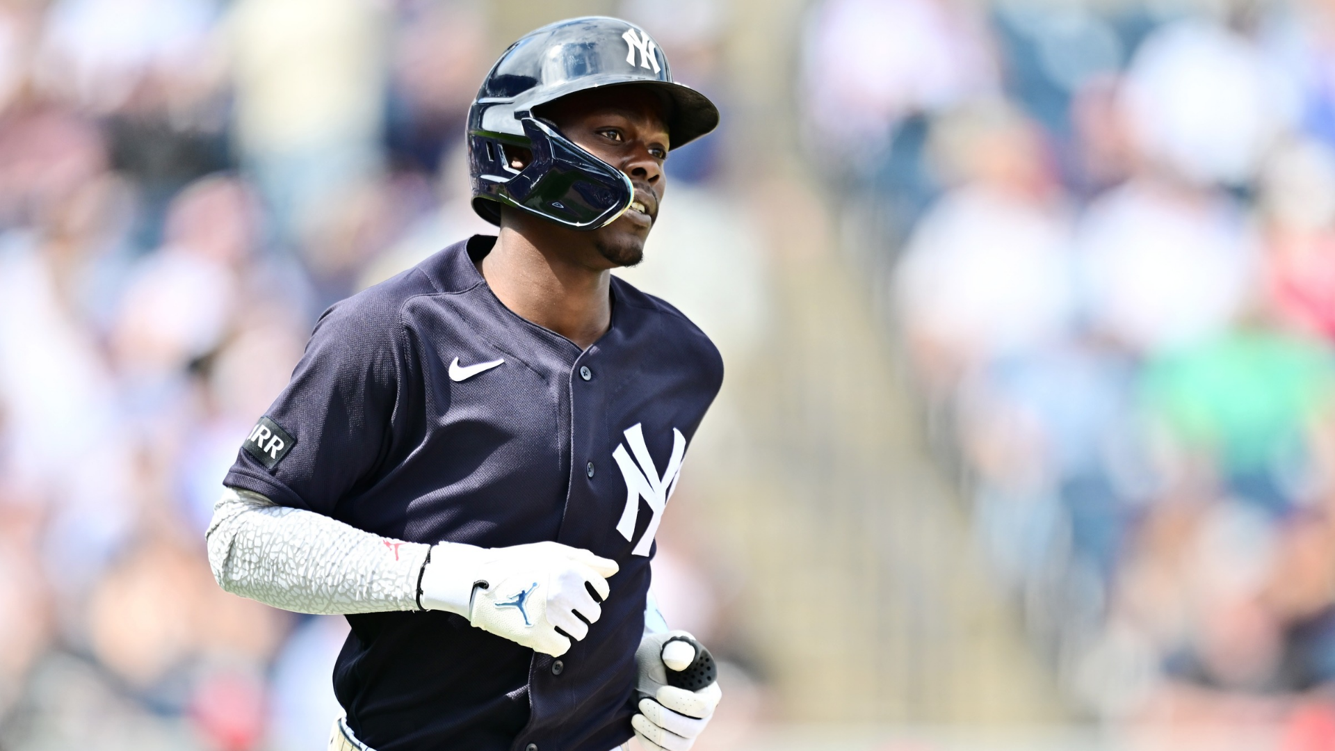 Jazz Chisholm Jr. #13 of the New York Yankees runs the bases after hitting a two-run home run in the first inning against the Atlanta Braves during a Grapefruit League spring training game at George M. Steinbrenner Field on February 26, 2026 in Tampa, Florida. (Photo by Julio Aguilar/Getty Images)