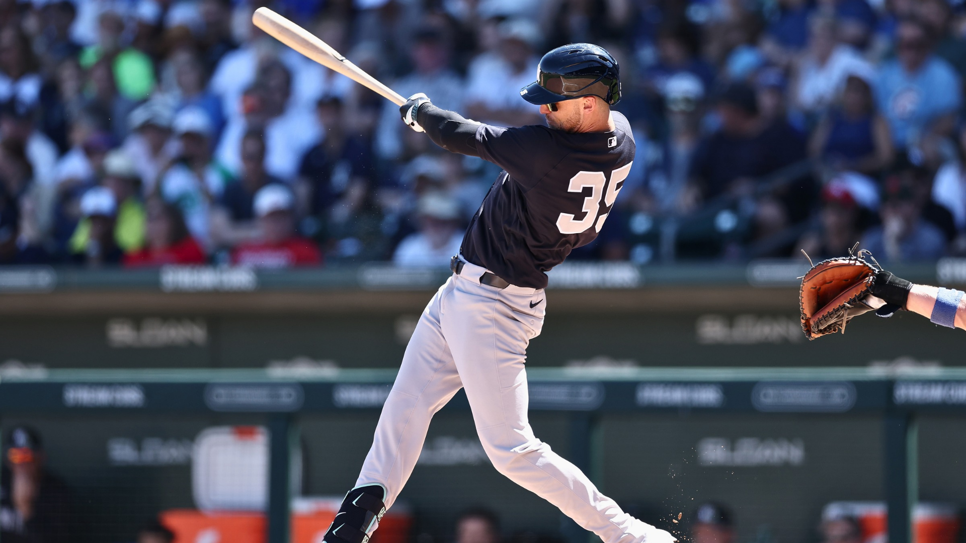 Cody Bellinger #35 of the New York Yankees bats against the Chicago Cubs during the spring training game at Sloan Park on March 23, 2026 in Mesa, Arizona. (Photo by Christian Petersen/Getty Images)