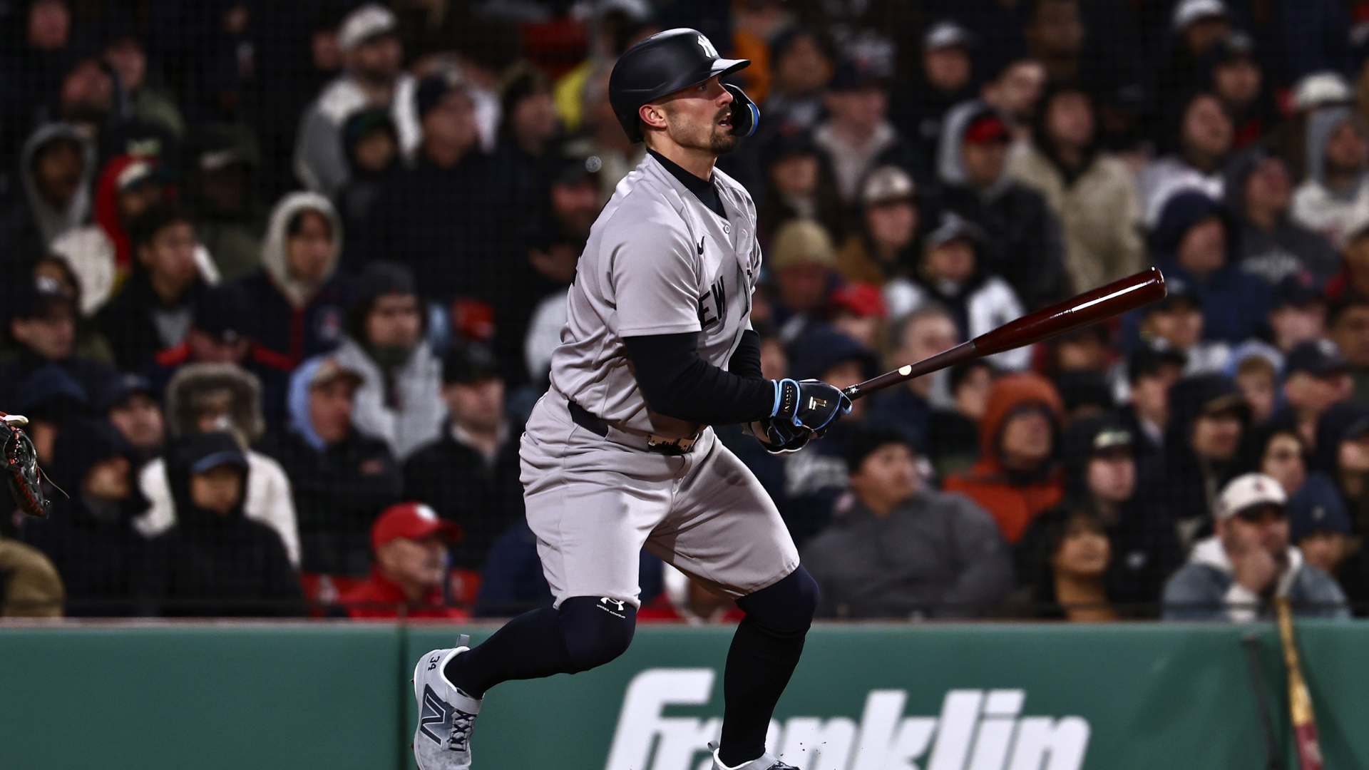 Randal Grichuk #34 of the New York Yankees watches his RBI double against the Boston Red Sox during the eighth inning at Fenway Park on April 21, 2026 in Boston, Massachusetts. (Photo By Winslow Townson/Getty Images)