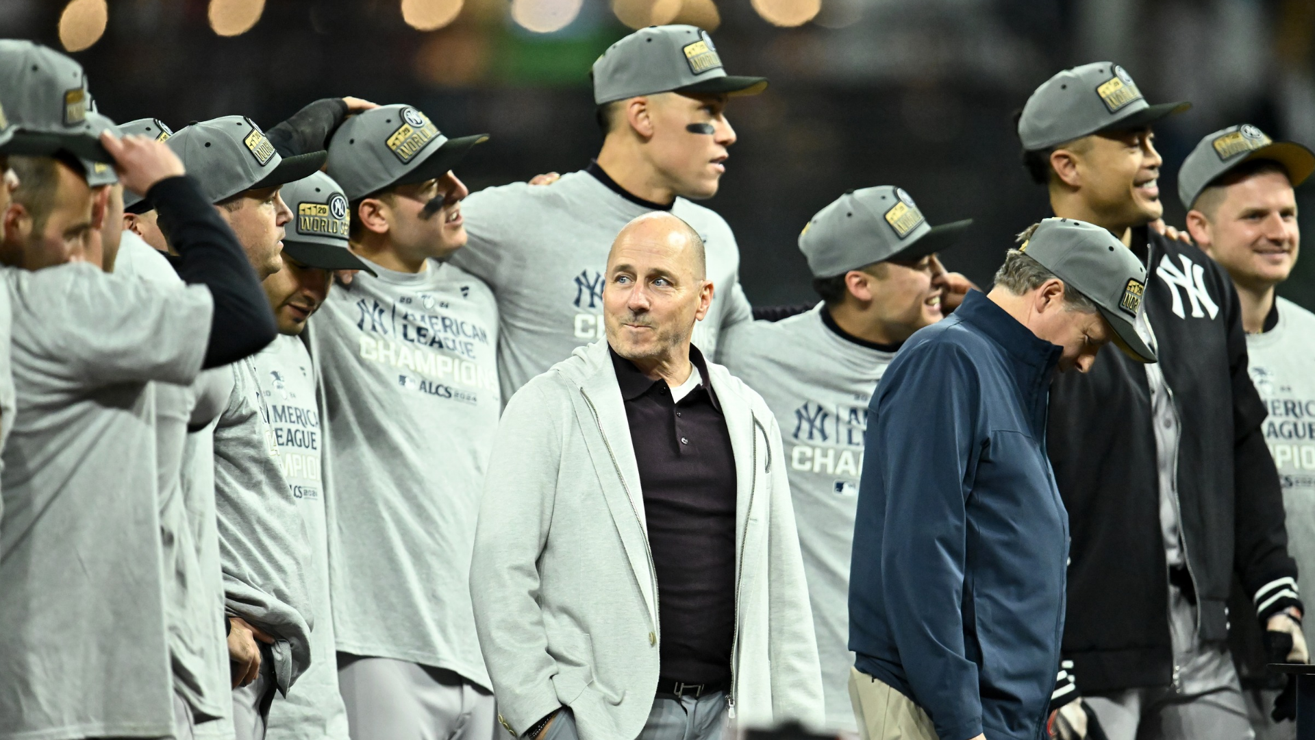 New York Yankees general manager Brian Cashman looks on during the trophy ceremony after the Yankees beat the Cleveland Guardians 5-2 in 10 innings in Game Five of the American League Championship Series at Progressive Field on October 19, 2024 in Cleveland, Ohio. (Photo by Nick Cammett/Getty Images)