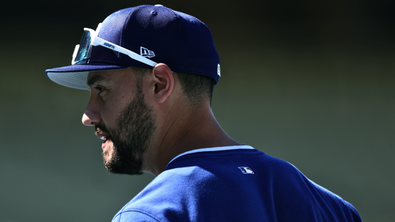 Michael Conforto #23 of the Los Angeles Dodgers in batting practice before the game against the Chicago White Sox at Dodger Stadium on July 01, 2025 in Los Angeles, California. (Photo by Harry How/Getty Images)