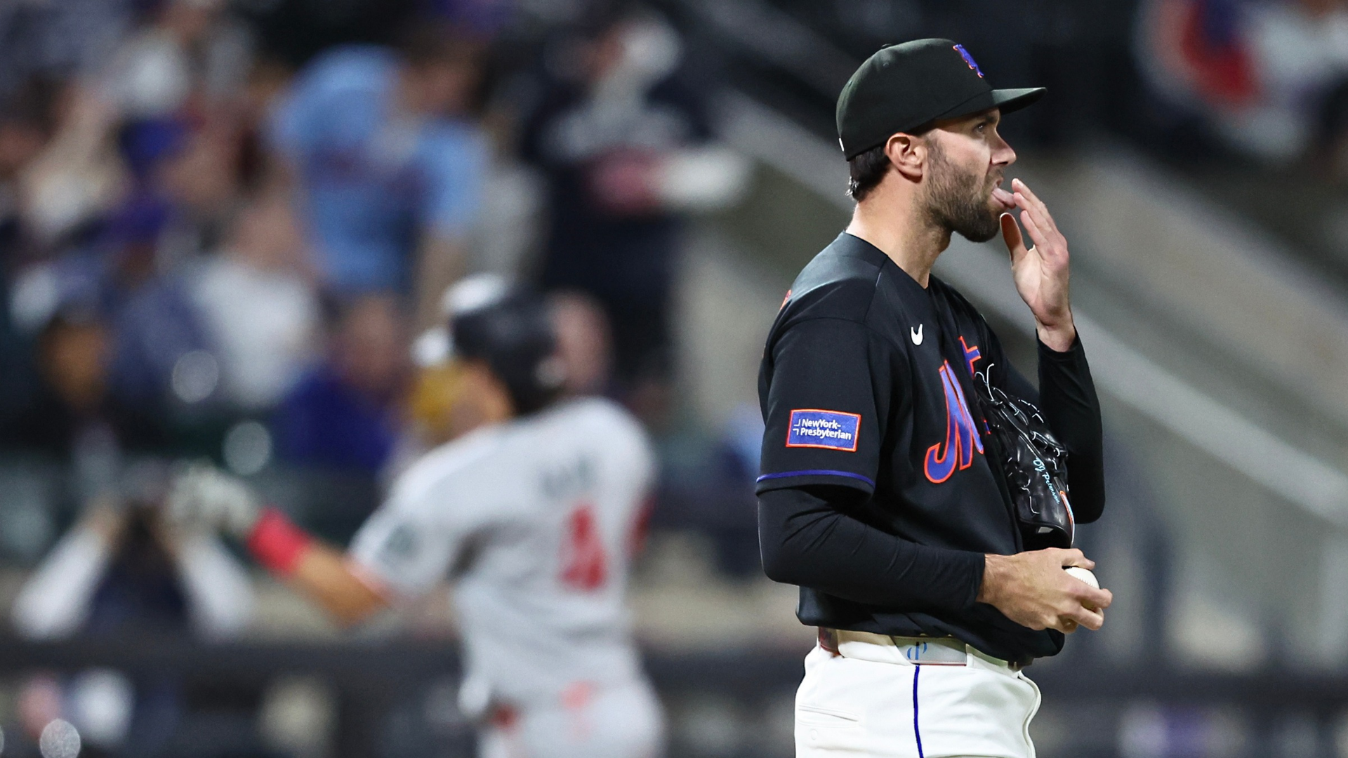 Pitcher David Peterson #23 of the New York Mets reacts after giving up a solo home run to Tristan Gray #4 of the Minnesota Twins during the sixth inning at Citi Field on April 23, 2026 in New York City. (Photo by Heather Khalifa/Getty Images)
