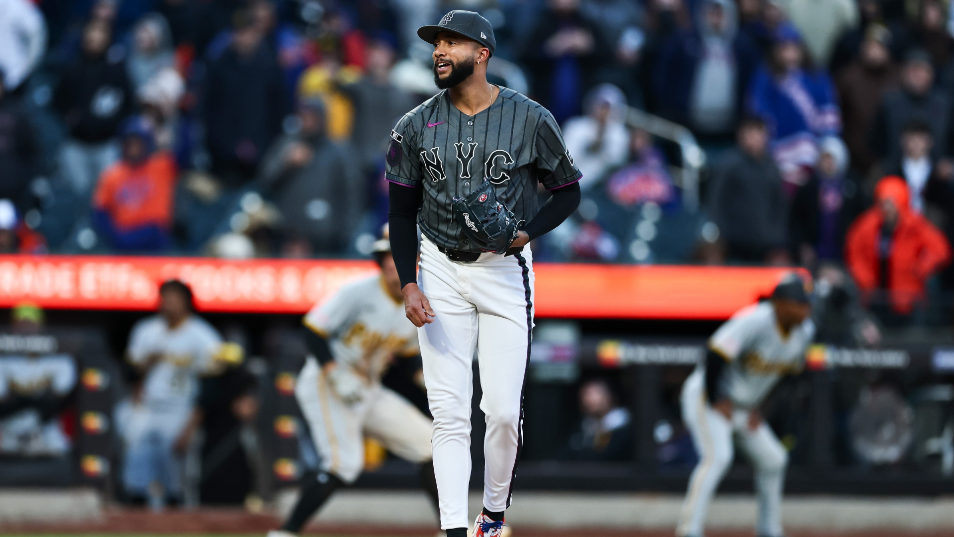 Devin Williams #38 of the New York Mets reacts during the game against the Pittsburgh Pirates at Citi Field on March 28, 2026 in the Queens borough of New York City. The New York Mets won 4-2. (Photo by Ishika Samant/Getty Images)