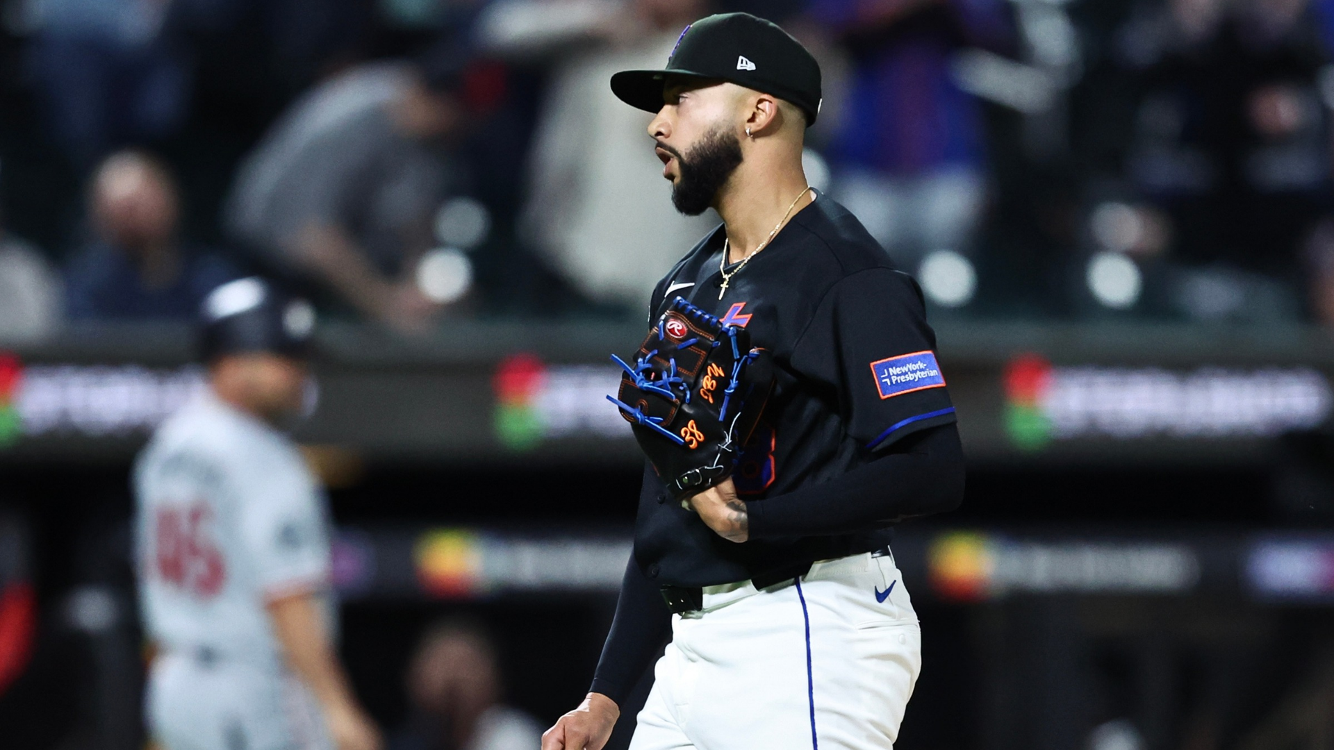 Devin Williams #38 of the New York Mets reacts after a strikeout during the ninth inning of a game against the Minnesota Twins at Citi Field on April 23, 2026 in New York City. (Photo by Heather Khalifa/Getty Images)