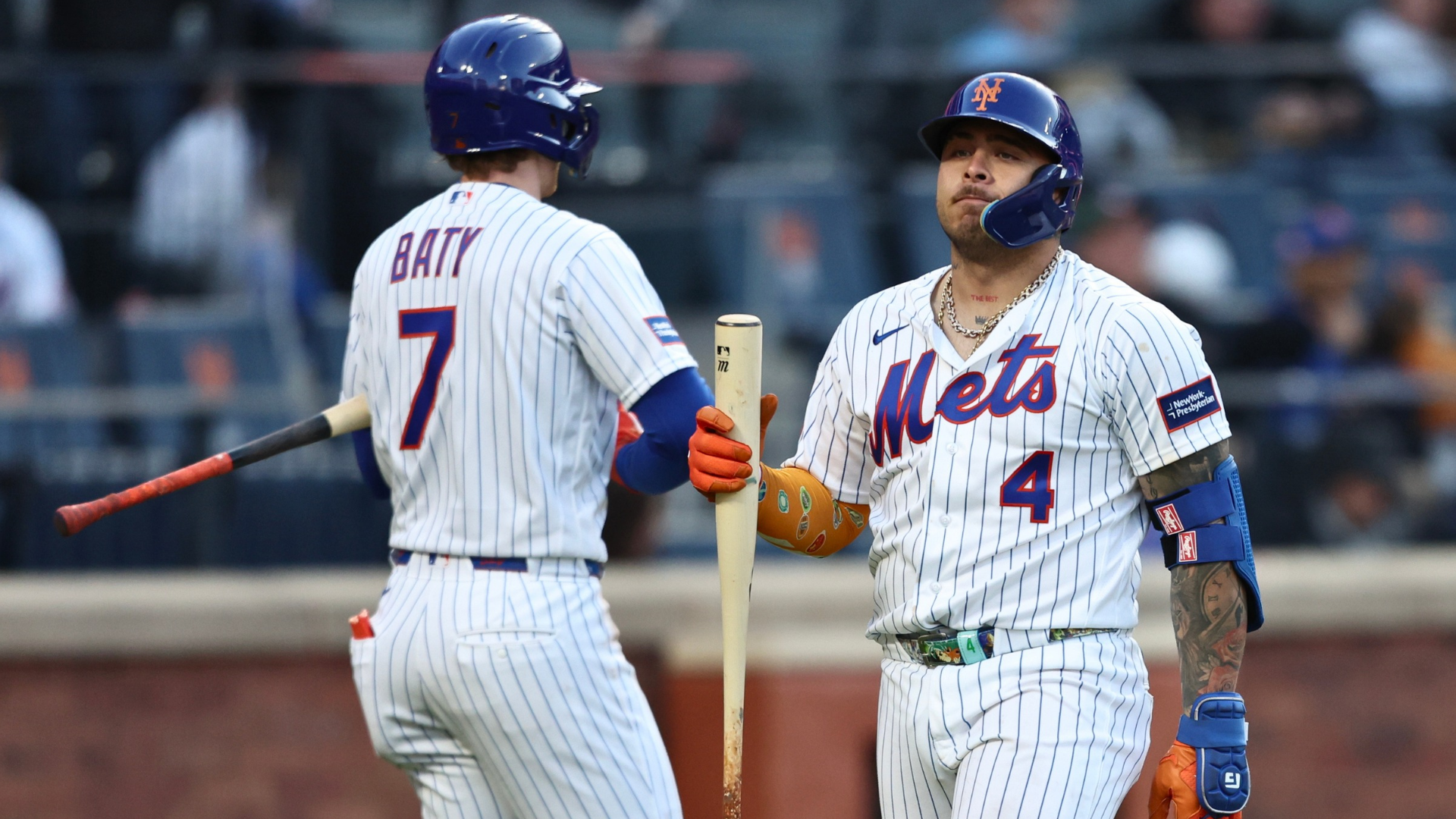 Francisco Alvarez #4 of the New York Mets walks back to the dugout after striking out during the sixth inning of game two of a doubleheader against the Colorado Rockies at Citi Field on April 26, 2026 in the Queens borough of New York City. (Photo by Heather Khalifa/Getty Images)