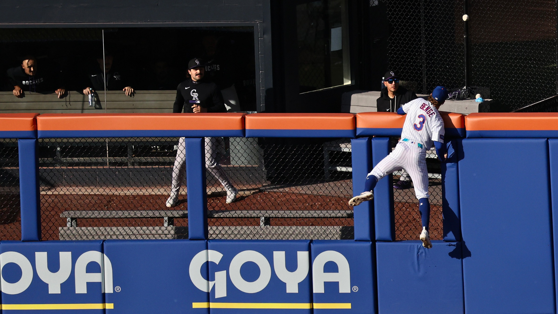 Outfielder Carson Benge #3 of the New York Mets watches the home run ball of Hunter Goodman #15 of the Colorado Rockies go over the wall during the third inning of game two of a doubleheader at Citi Field on April 26, 2026 in the Queens borough of New York City. (Photo by Heather Khalifa/Getty Images)