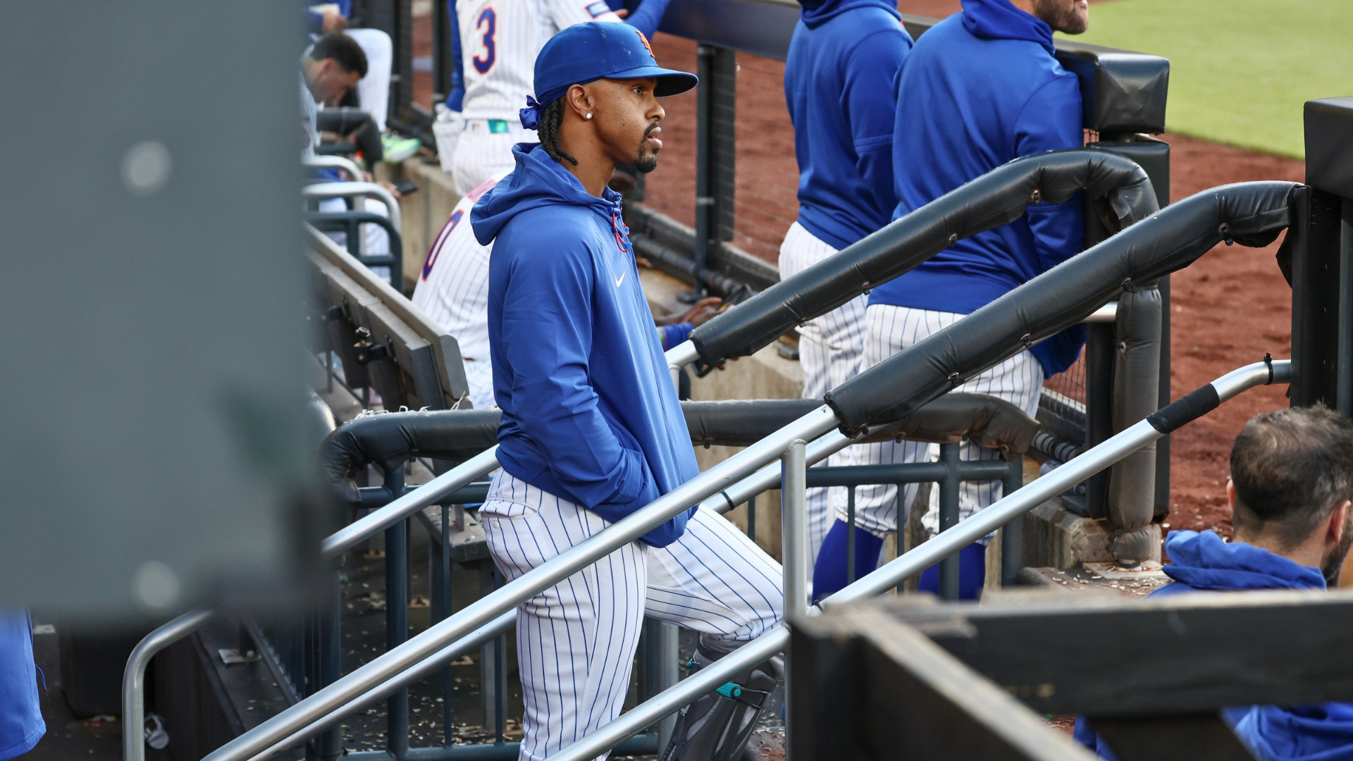 An injured Francisco Lindor of the New York Mets wears a walking boot in the dugout during game two of a doubleheader against the Colorado Rockies at Citi Field on April 26, 2026 in the Queens borough of New York City. (Photo by Heather Khalifa/Getty Images)