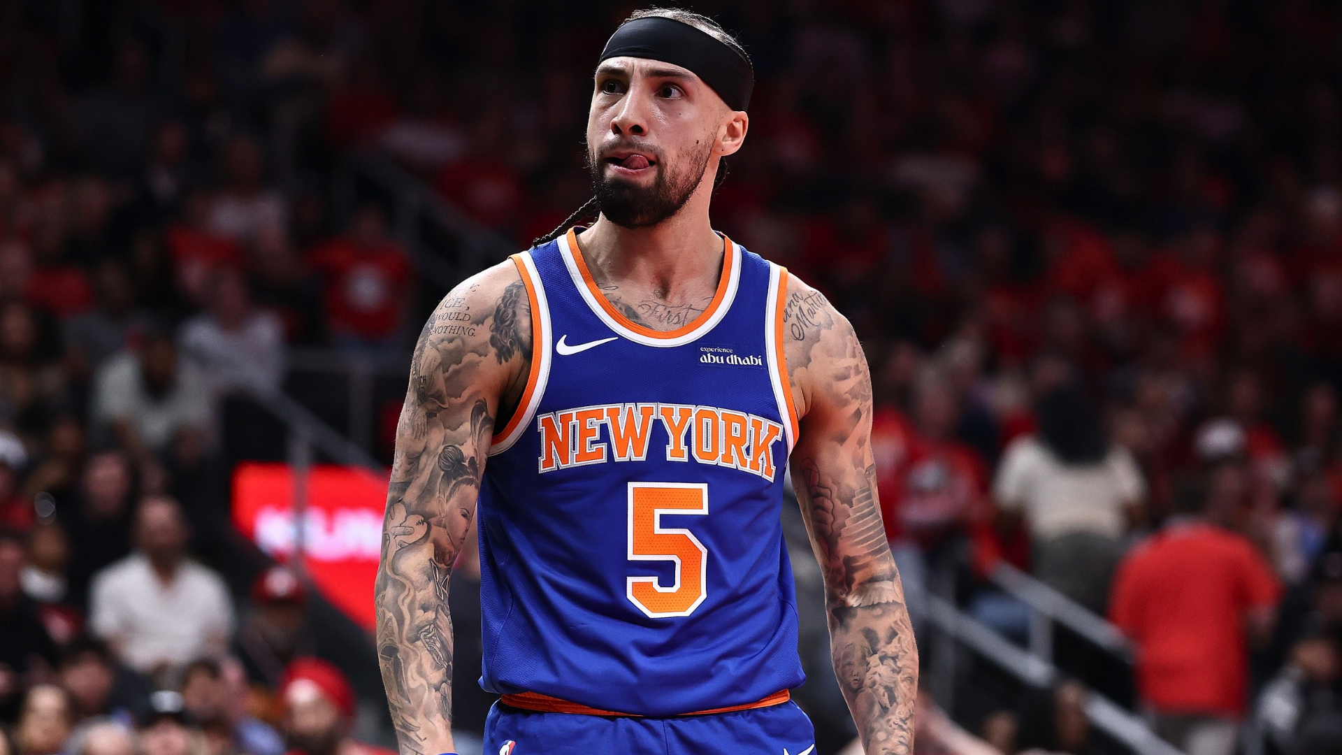 Jose Alvarado #5 of the New York Knicks reacts after a basket against the Atlanta Hawks during the second quarter of game three of the Eastern Conference first round playoffs at State Farm Arena on April 23, 2026 in Atlanta, Georgia. (Photo by Kevin C. Cox/Getty Images)