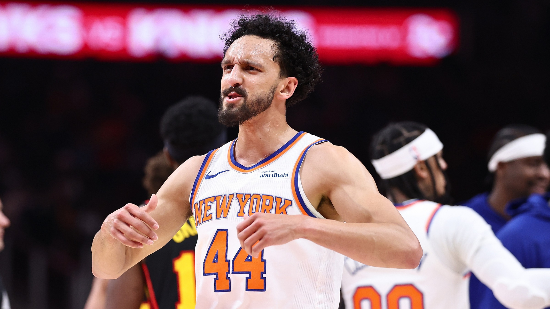 Landry Shamet #44 of the New York Knicks reacts against the Atlanta Hawks during the second quarter at State Farm Arena on April 06, 2026 in Atlanta, Georgia. (Photo by Kevin C. Cox/Getty Images)