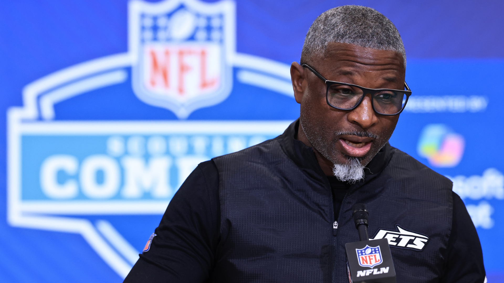 Head coach Aaron Glenn of the New York Jets speaks to the media during the 2026 NFL Scouting Combine at Lucas Oil Stadium on February 24, 2026 in Indianapolis, Indiana. (Photo by Justin Casterline/Getty Images)