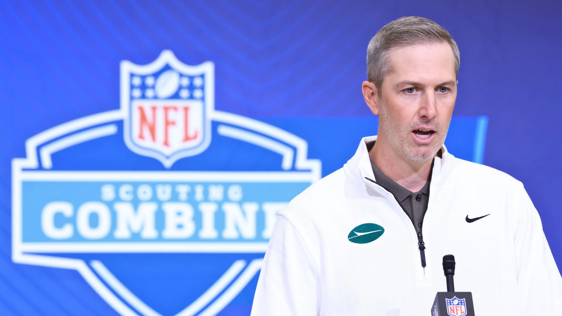 General manager Darren Mougey of the New York Jets speaks to the media during the 2026 NFL Scouting Combine at Lucas Oil Stadium on February 24, 2026 in Indianapolis, Indiana. (Photo by Justin Casterline/Getty Images)