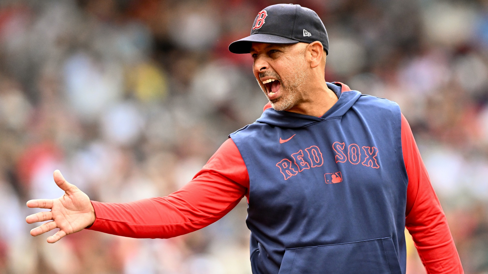 Alex Cora of the Boston Red Sox argues with umpire Jordan Baker (not seen) during the sixth inning of a game against the Cleveland Guardians at Fenway Park on September 01, 2025 in Boston, Massachusetts. (Photo by Brian Fluharty/Getty Images)