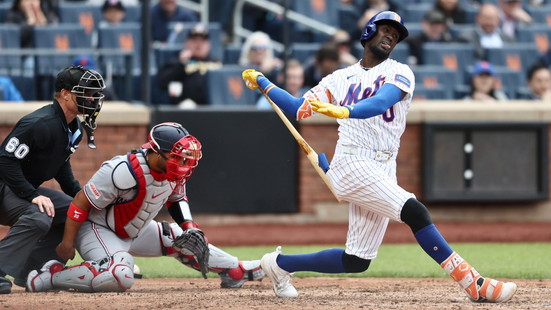 Ronny Mauricio #0 of the New York Mets bats during the ninth inning of a game against the Washington Nationals at Citi Field on April 30, 2026 in the Queens borough of New York City. (Photo by Heather Khalifa/Getty Images)