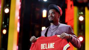 Mansoor Delane of LSU celebrates after being selected sixth overall pick by the Kansas City Chiefs during Round One of the 2026 NFL Draft at Acrisure Stadium on April 23, 2026 in Pittsburgh, Pennsylvania
