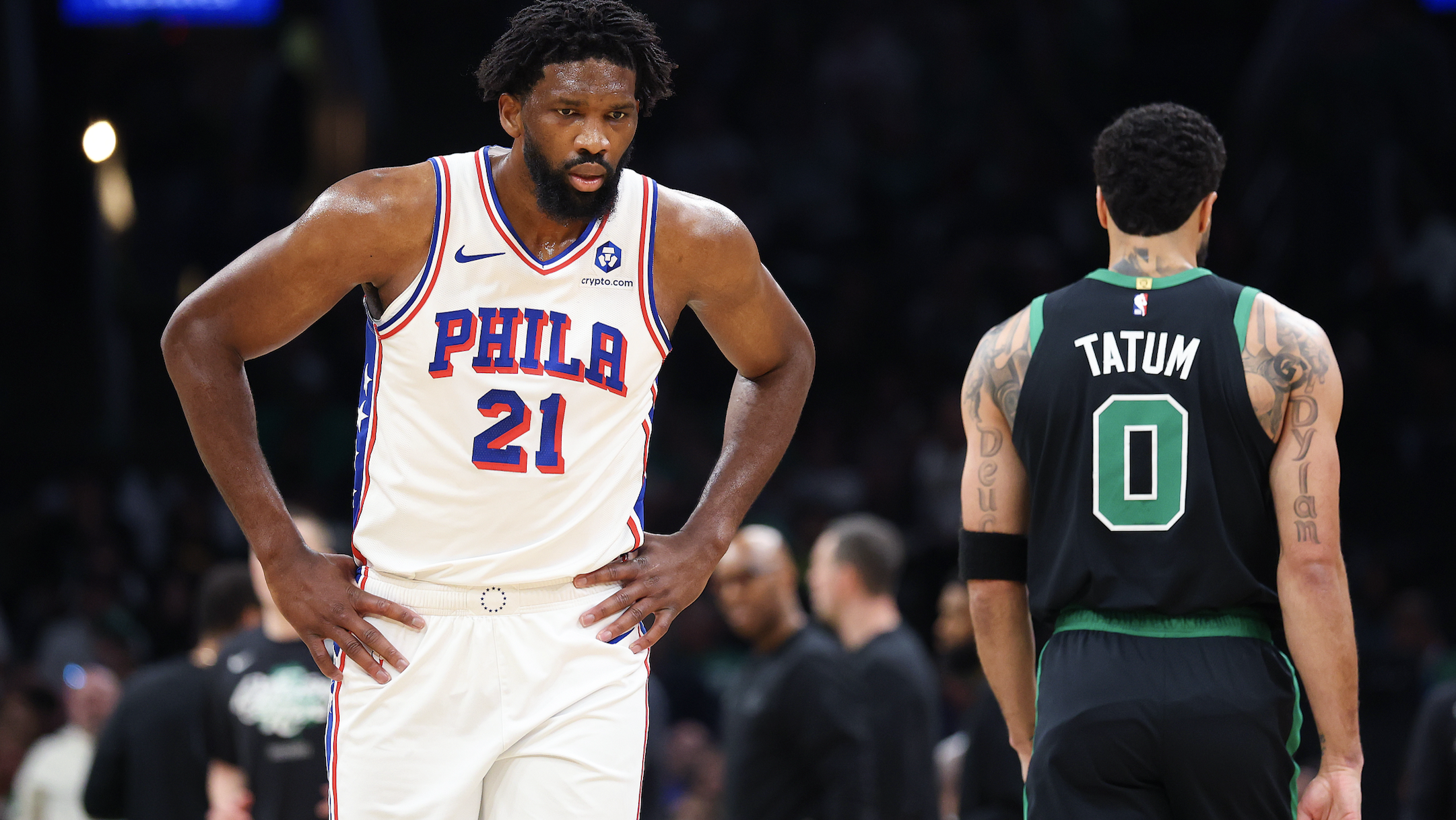 Joel Embiid Philadelphia 76ers reacts near Jayson Tatum Celtics Game 5 playoffs