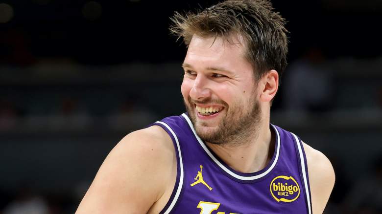 Luka Doncic of the Los Angeles Lakers smiles during a game as the team prepares for Game 2 against the Houston Rockets.