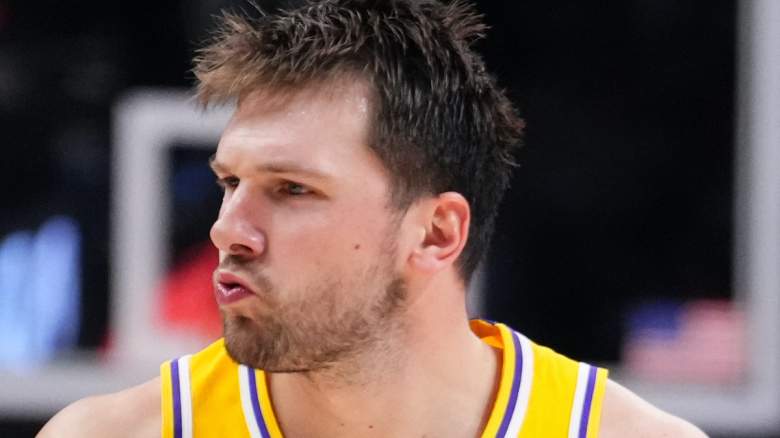 Luka Doncic reacts after making a 3-point shot.