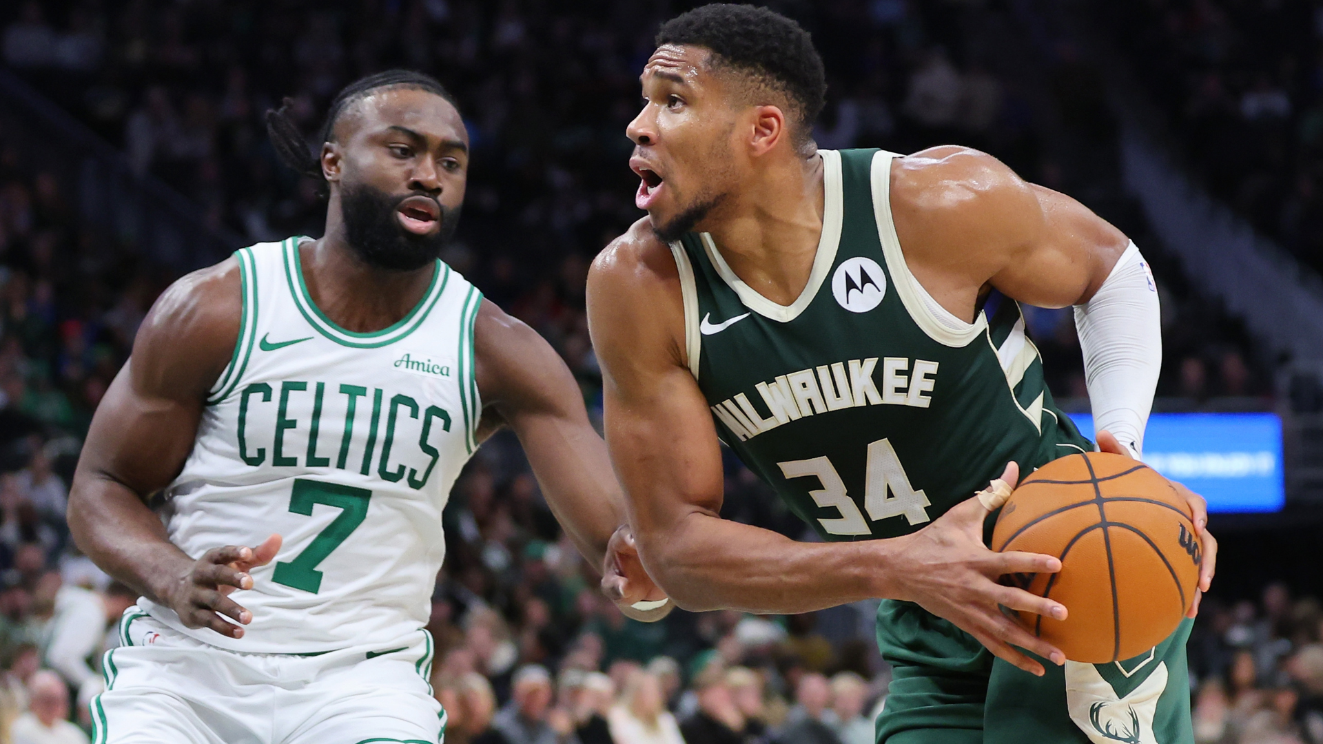 Jaylen Brown and Giannis Antetokounmpo