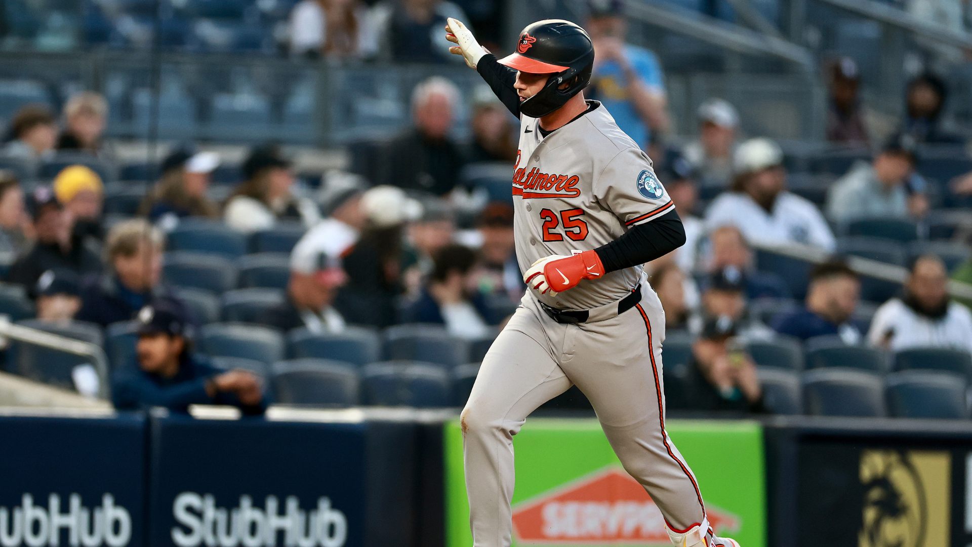 Pete Alonso #25 of the Baltimore Orioles celebrates his solo home run in the second inning against the New York Yankees at Yankee Stadium on May 01, 2026 in the Bronx borough of New York City. (Photo by Elsa/Getty Images)
