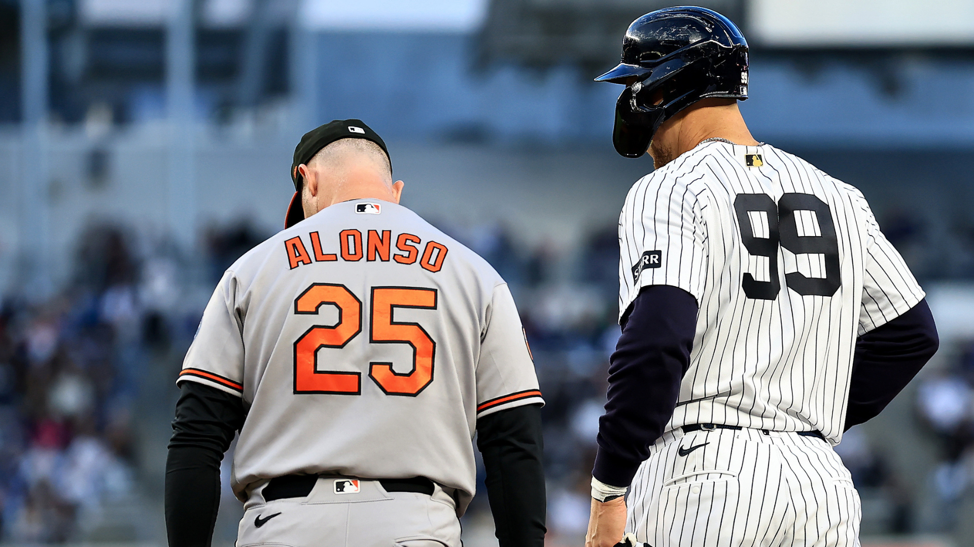 Pete Alonso #25 of the Baltimore Orioles stands next to Aaron Judge #99 of the New York Yankees in the second inning at Yankee Stadium on May 01, 2026 in the Bronx borough of New York City. (Photo by Elsa/Getty Images)